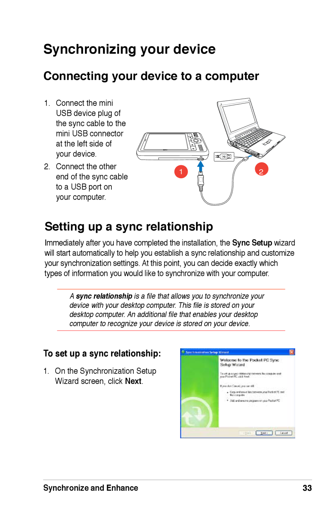 Asus A696, A626, A686 Synchronizing your device, Connecting your device to a computer, Setting up a sync relationship 