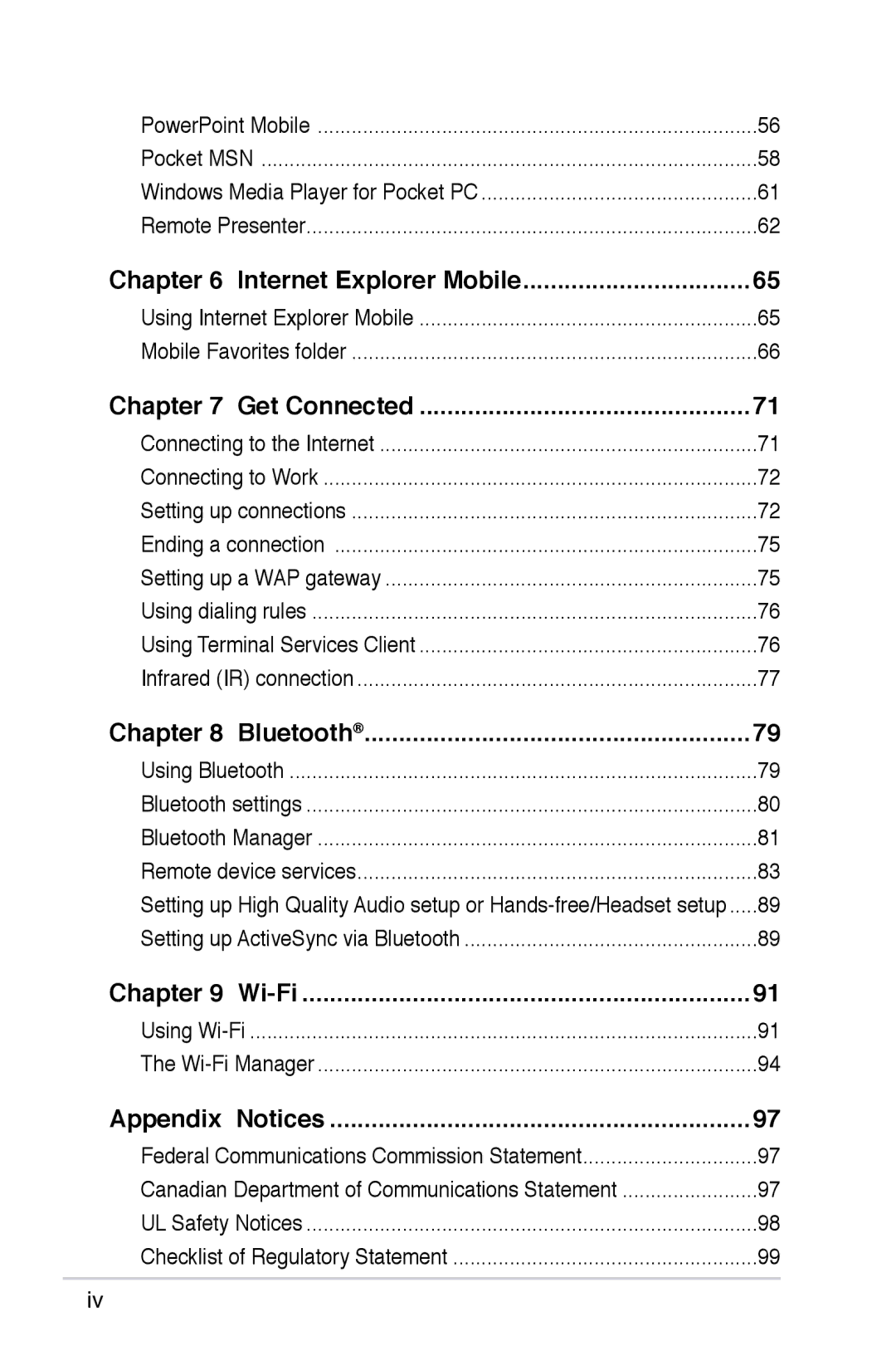 Asus A626, A696, A686 user manual Internet Explorer Mobile, Get Connected, Bluetooth, Wi-Fi, Appendix Notices 