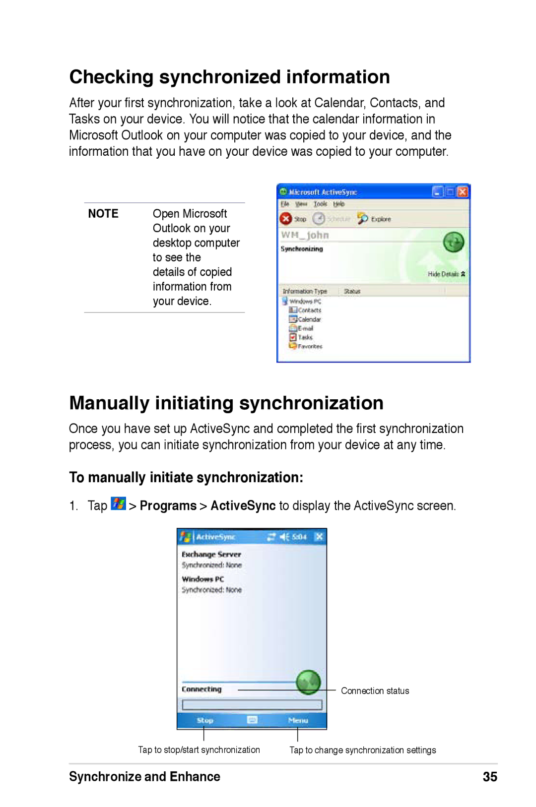 Asus A686 Checking synchronized information, Manually initiating synchronization, To manually initiate synchronization 