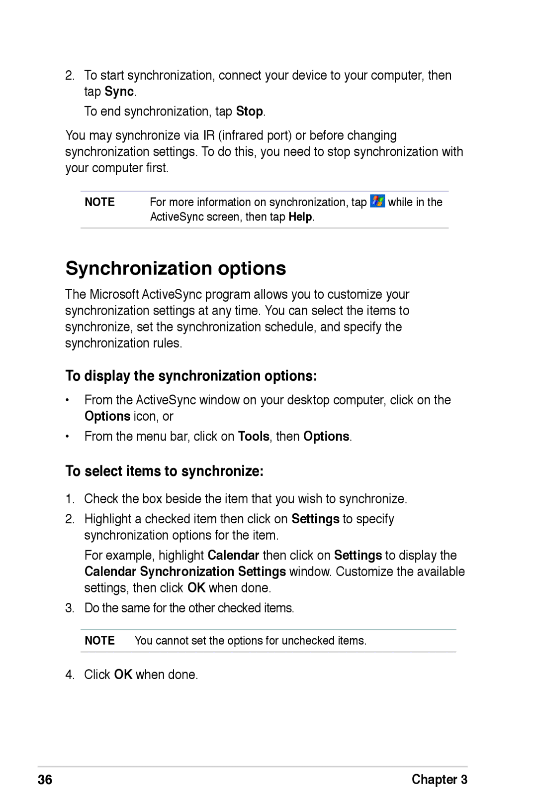 Asus A696, A626, A686 Synchronization options, To display the synchronization options, To select items to synchronize 