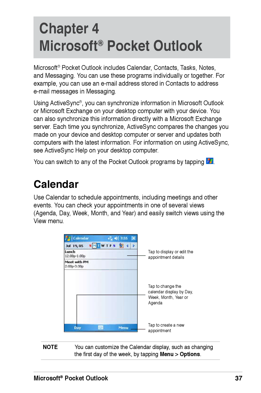 Asus A626, A696, A686 user manual Calendar, Microsoft Pocket Outlook 