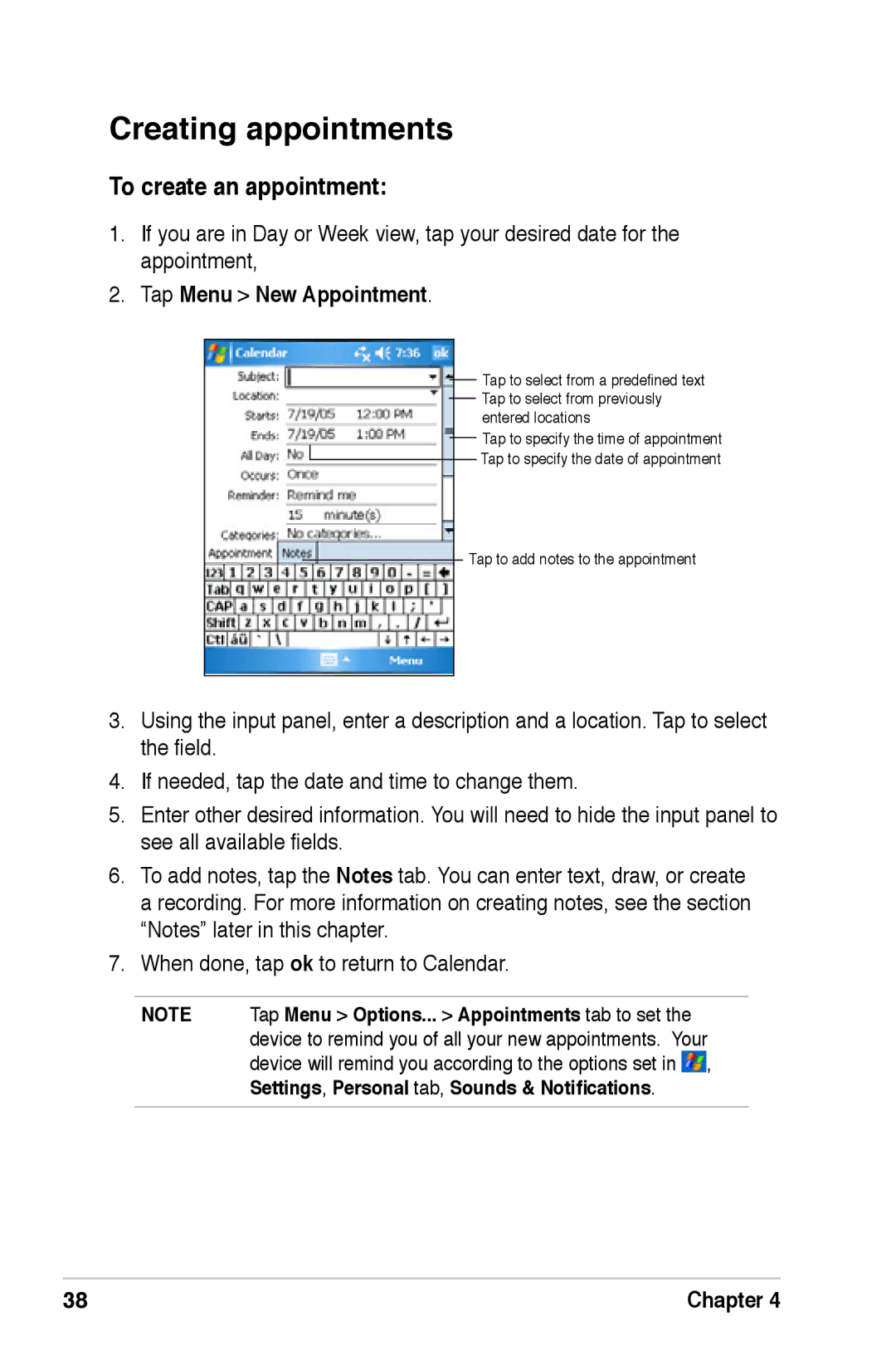 Asus A686, A696, A626 user manual Creating appointments, To create an appointment, Tap Menu New Appointment 