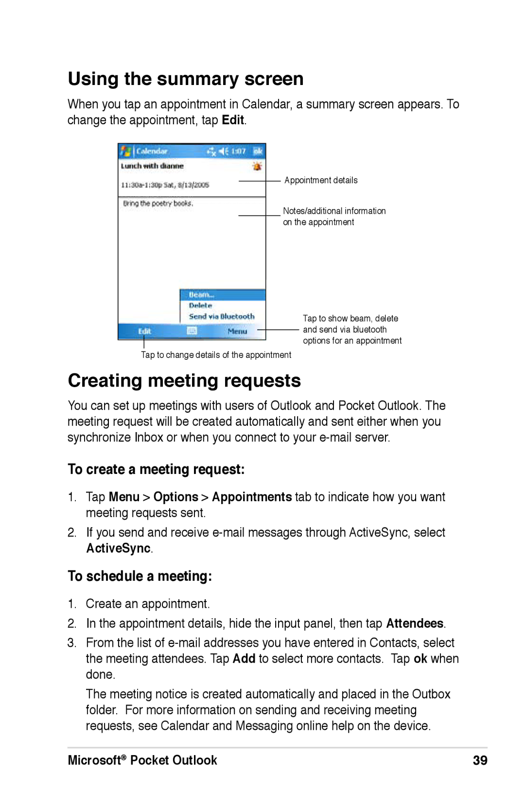 Asus A696, A626 Using the summary screen, Creating meeting requests, To create a meeting request, To schedule a meeting 