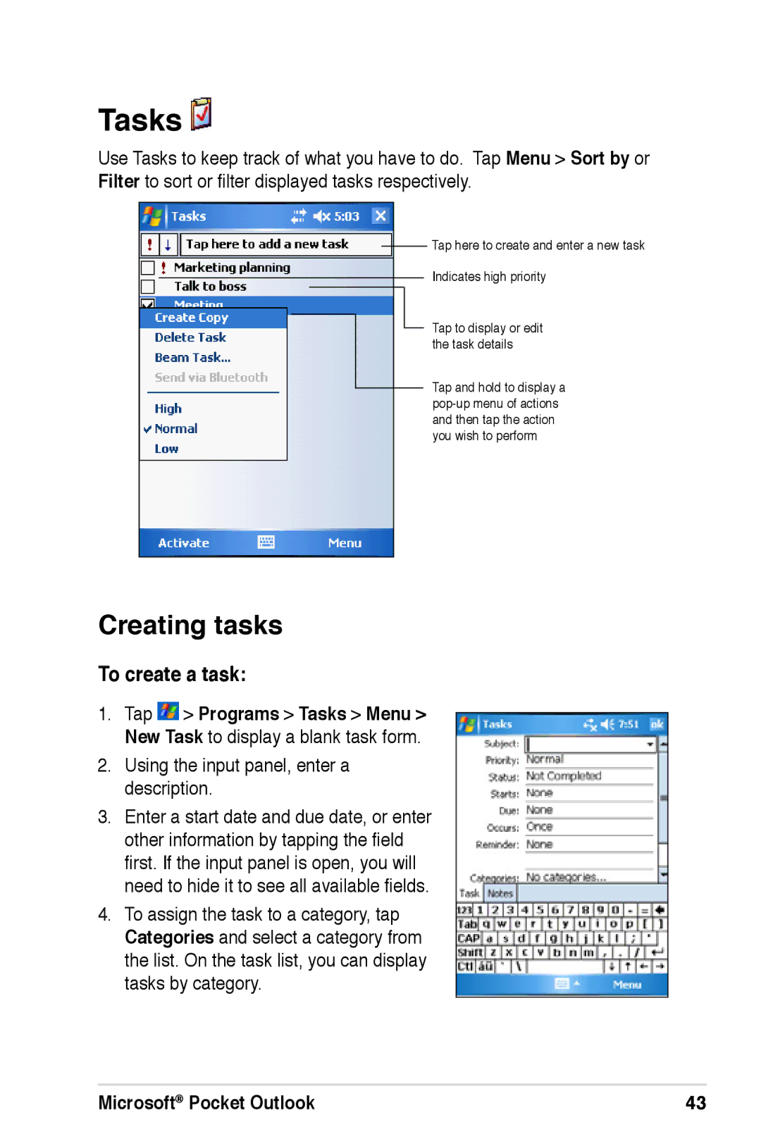 Asus A626, A696, A686 user manual Tasks, Creating tasks, To create a task, Using the input panel, enter a description 