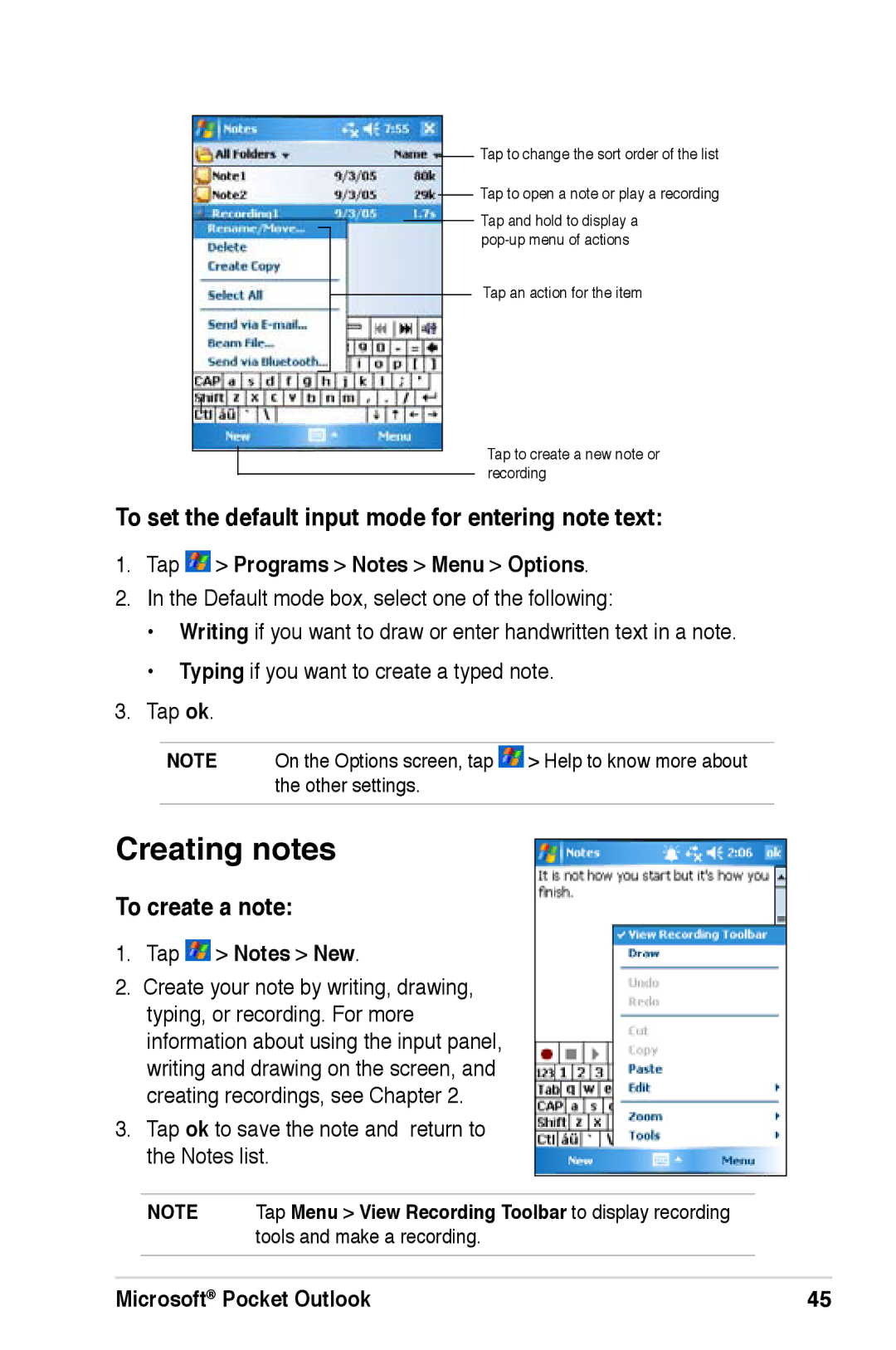 Asus A696, A626, A686 user manual Creating notes, To set the default input mode for entering note text, To create a note 