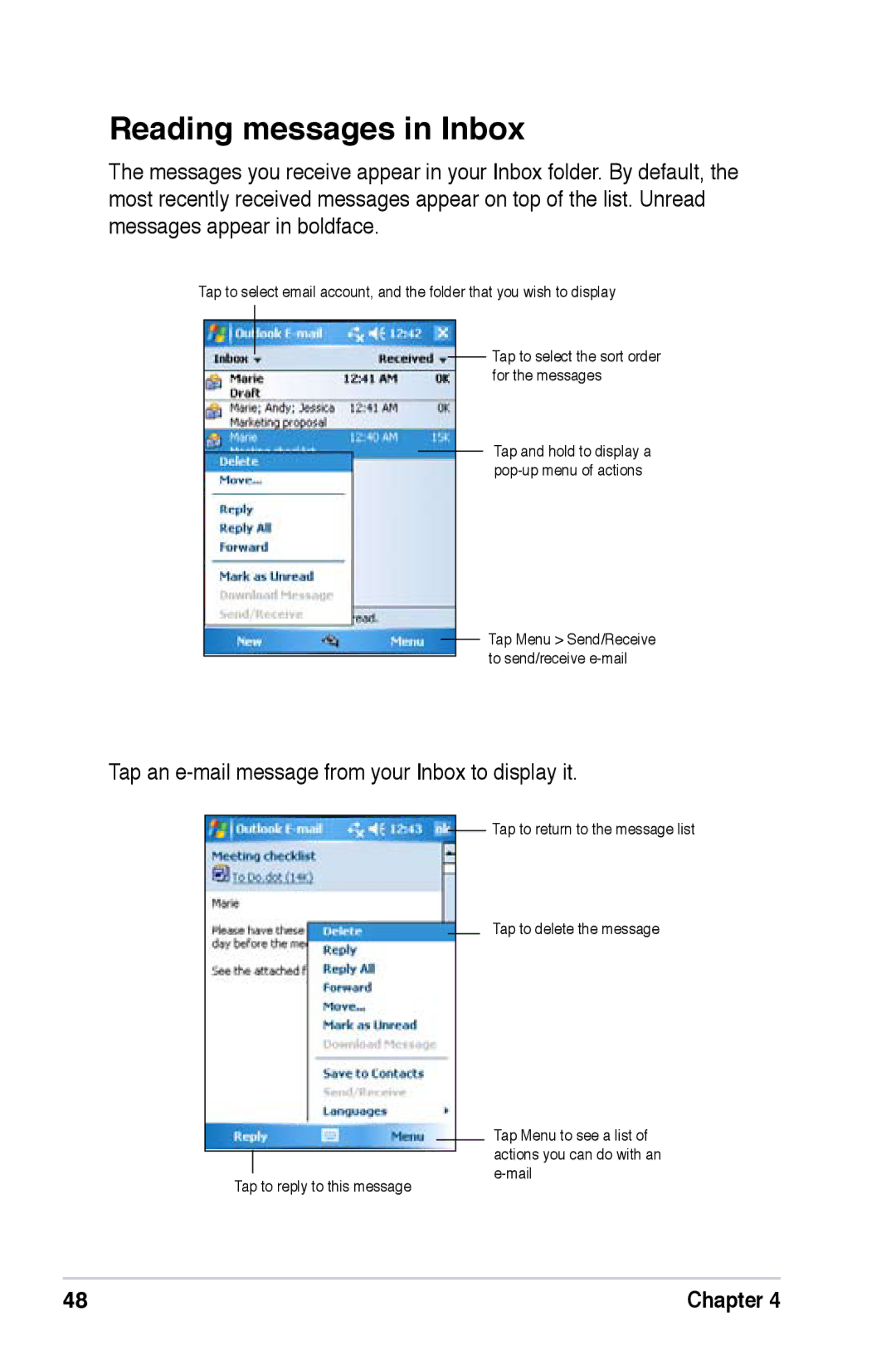 Asus A696, A626, A686 user manual Reading messages in Inbox, Tap an e-mail message from your Inbox to display it 