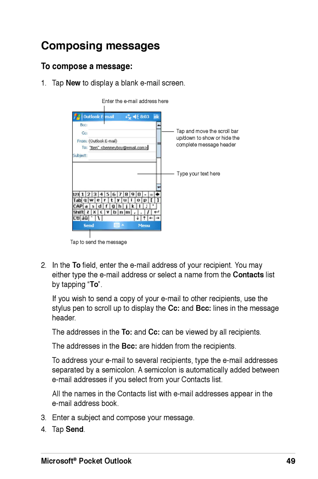 Asus A626, A696, A686 user manual Composing messages, To compose a message, Tap New to display a blank e-mail screen 