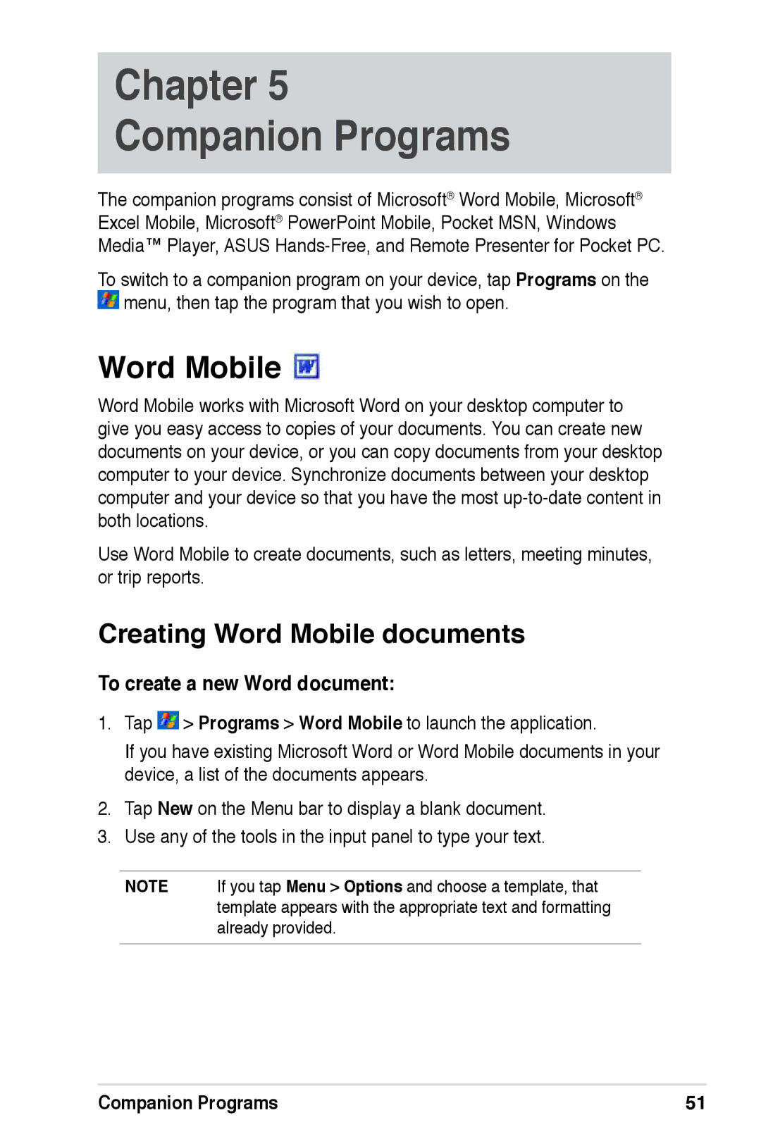 Asus A696, A626, A686 user manual Creating Word Mobile documents, To create a new Word document, Companion Programs 