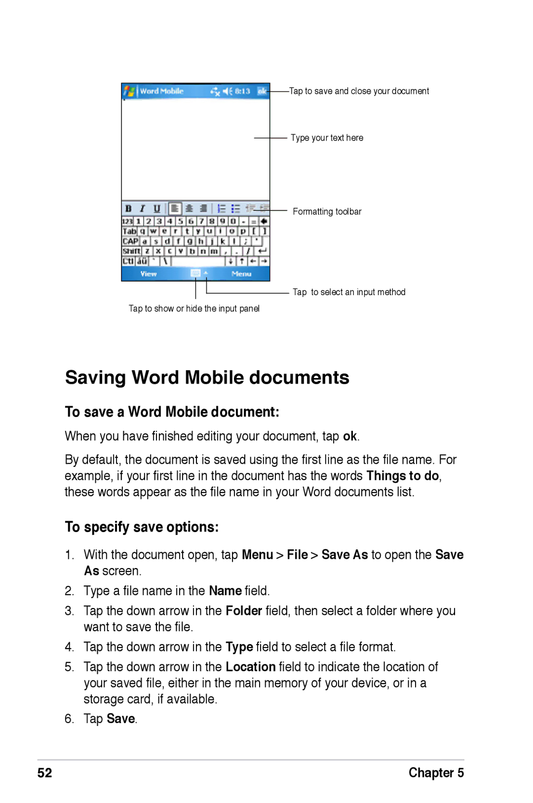 Asus A626, A696, A686 user manual Saving Word Mobile documents, To save a Word Mobile document, To specify save options 