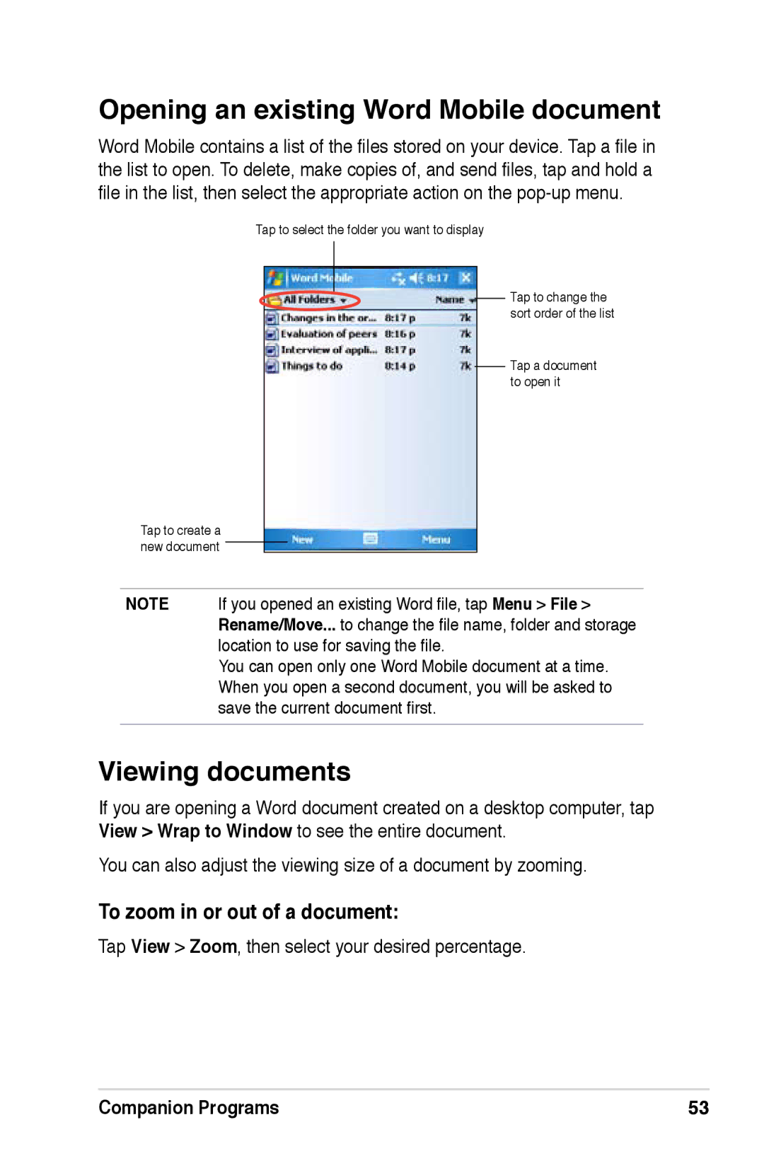 Asus A686, A696, A626 Opening an existing Word Mobile document, Viewing documents, To zoom in or out of a document 