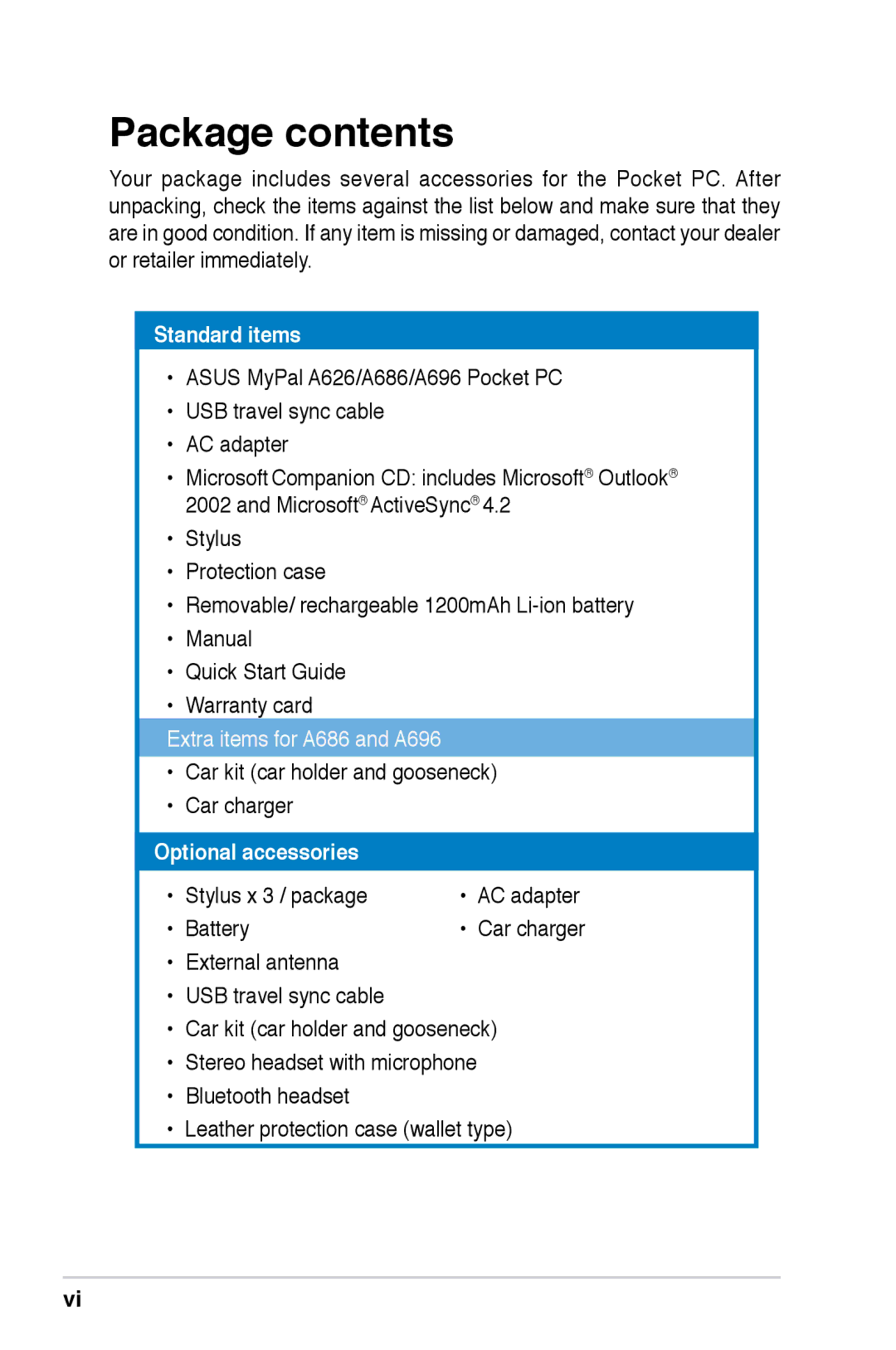 Asus A696, A626, A686 user manual Package contents 