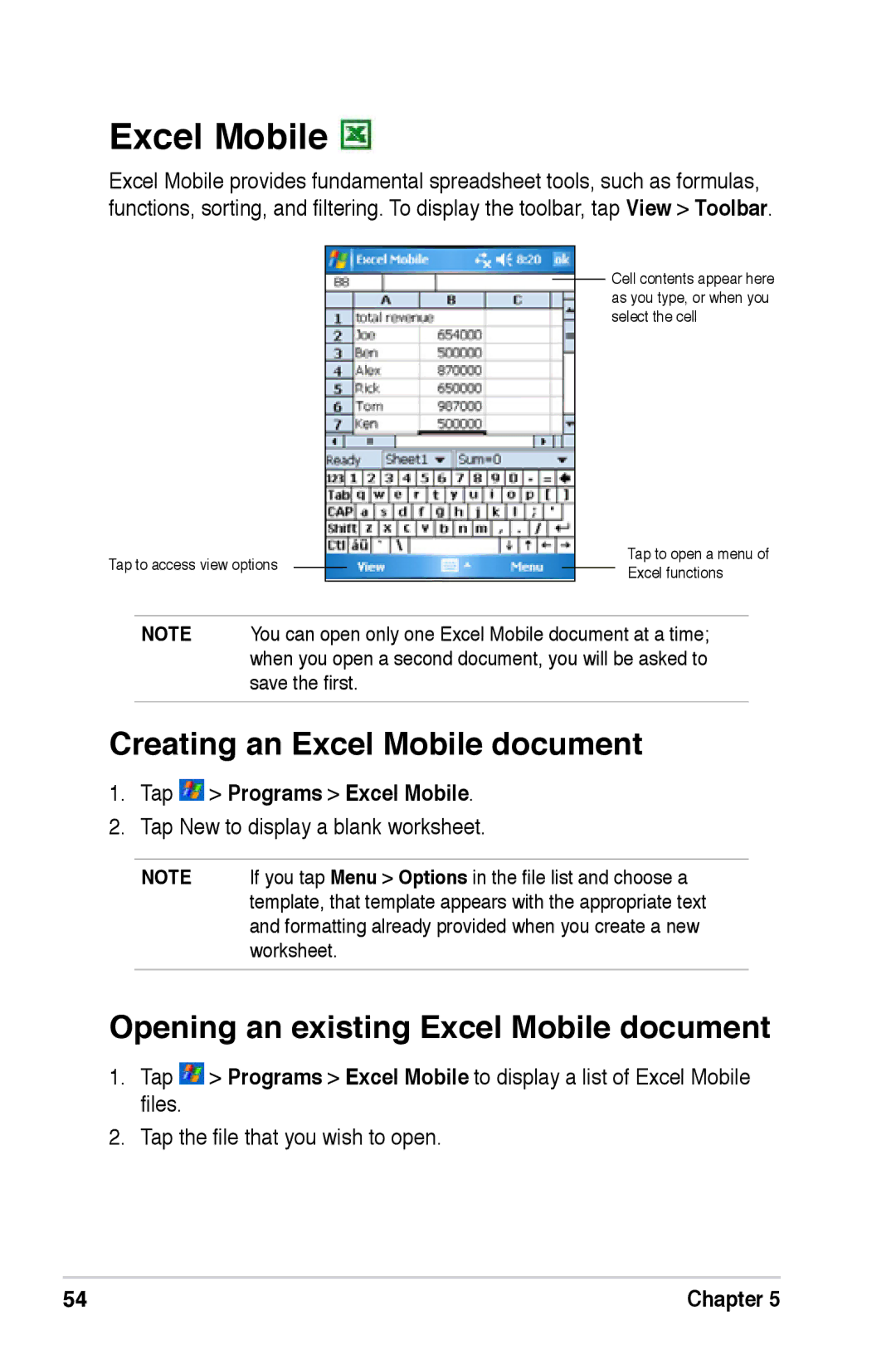 Asus A696 Creating an Excel Mobile document, Opening an existing Excel Mobile document, Tap Programs Excel Mobile 