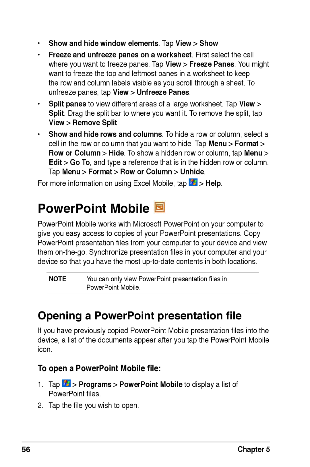 Asus A686, A696, A626 user manual Opening a PowerPoint presentation file, To open a PowerPoint Mobile file 