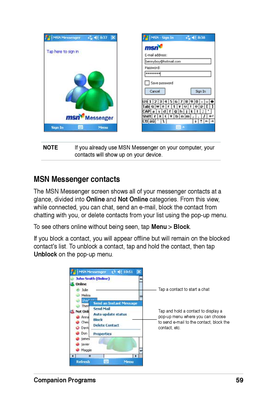 Asus A686, A696, A626 user manual MSN Messenger contacts 