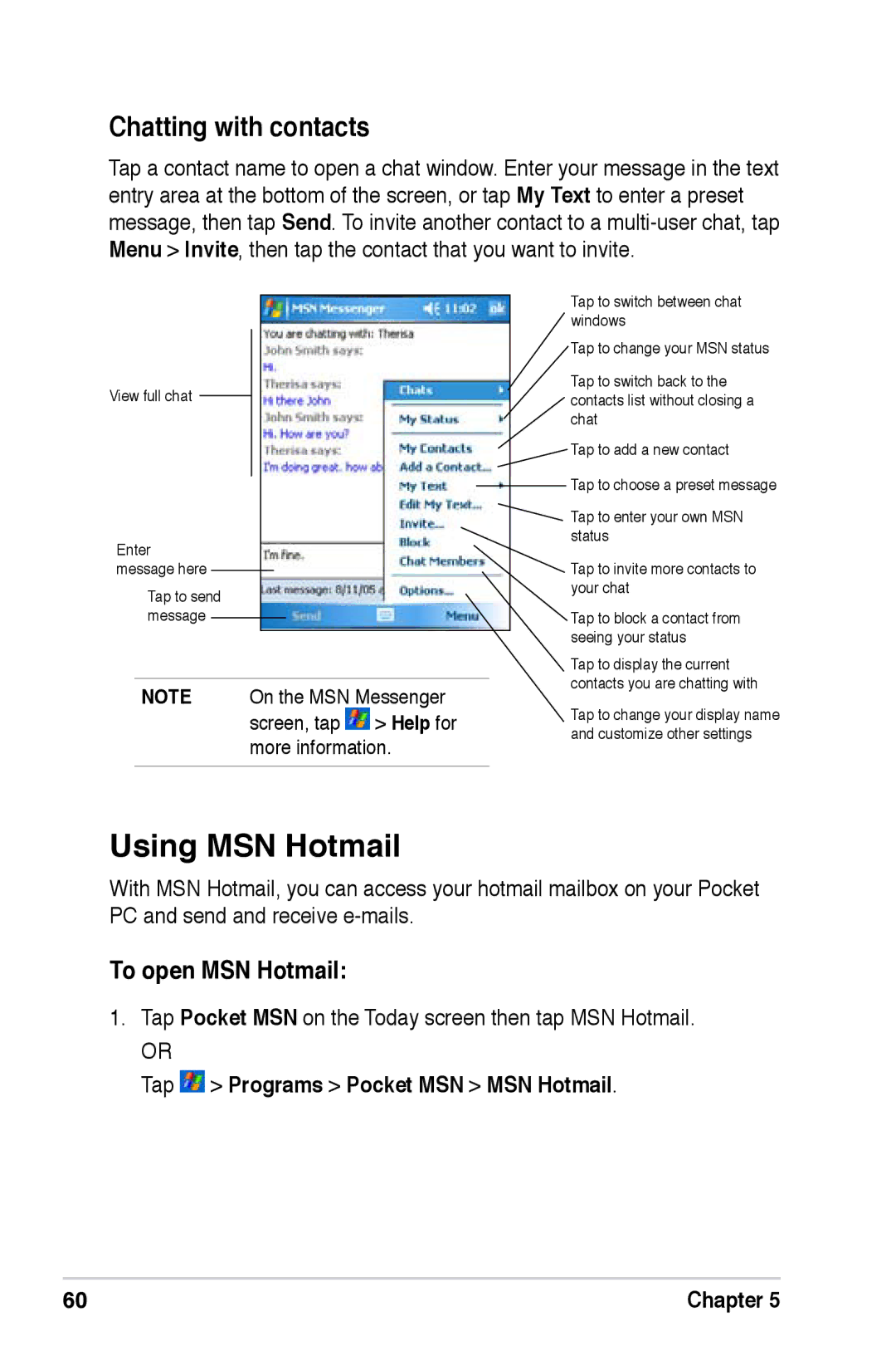 Asus A696, A626, A686 Using MSN Hotmail, Chatting with contacts, To open MSN Hotmail, Tap Programs Pocket MSN MSN Hotmail 