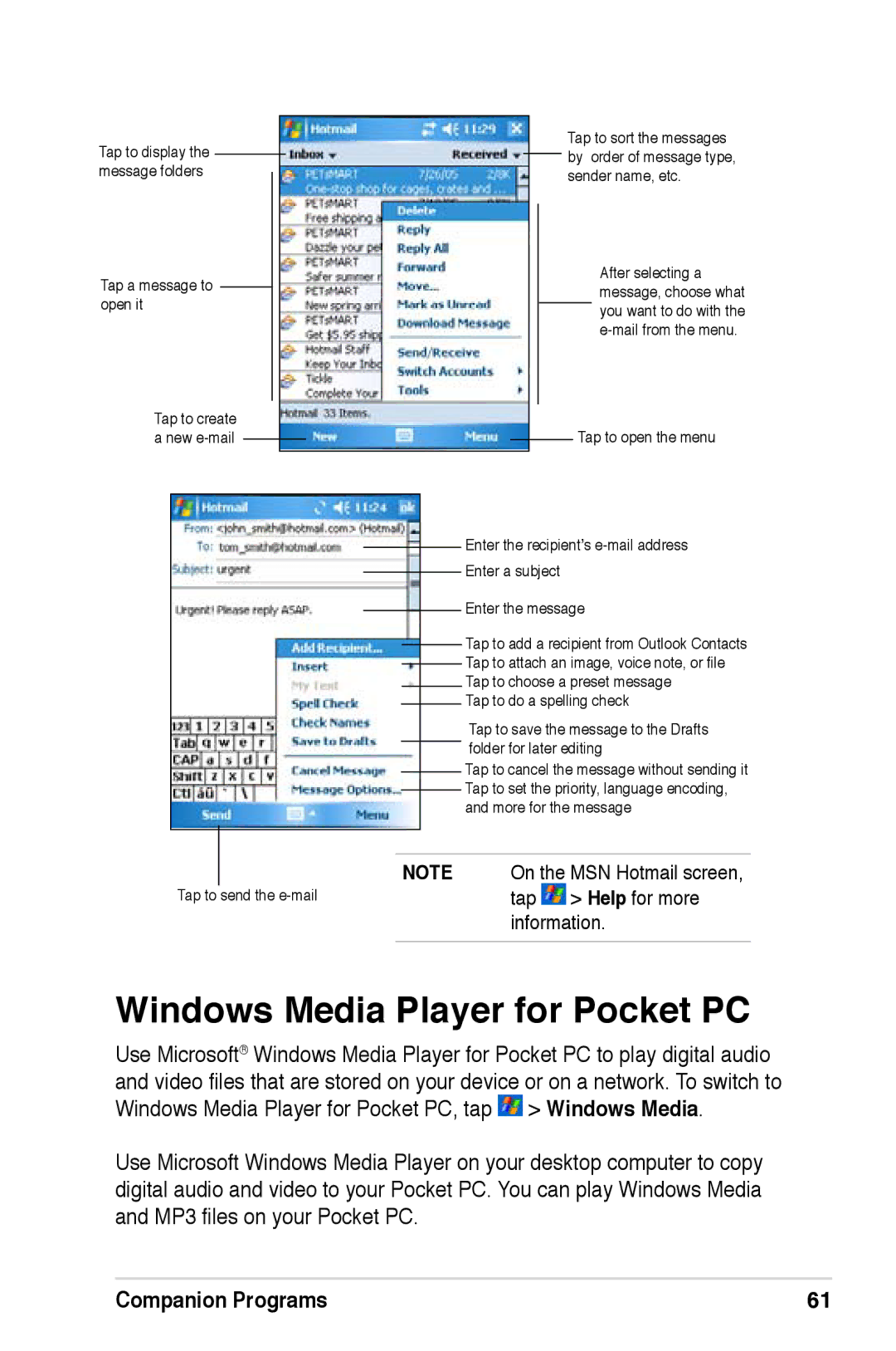 Asus A626, A696, A686 user manual Windows Media Player for Pocket PC, Tap to send the e-mail 