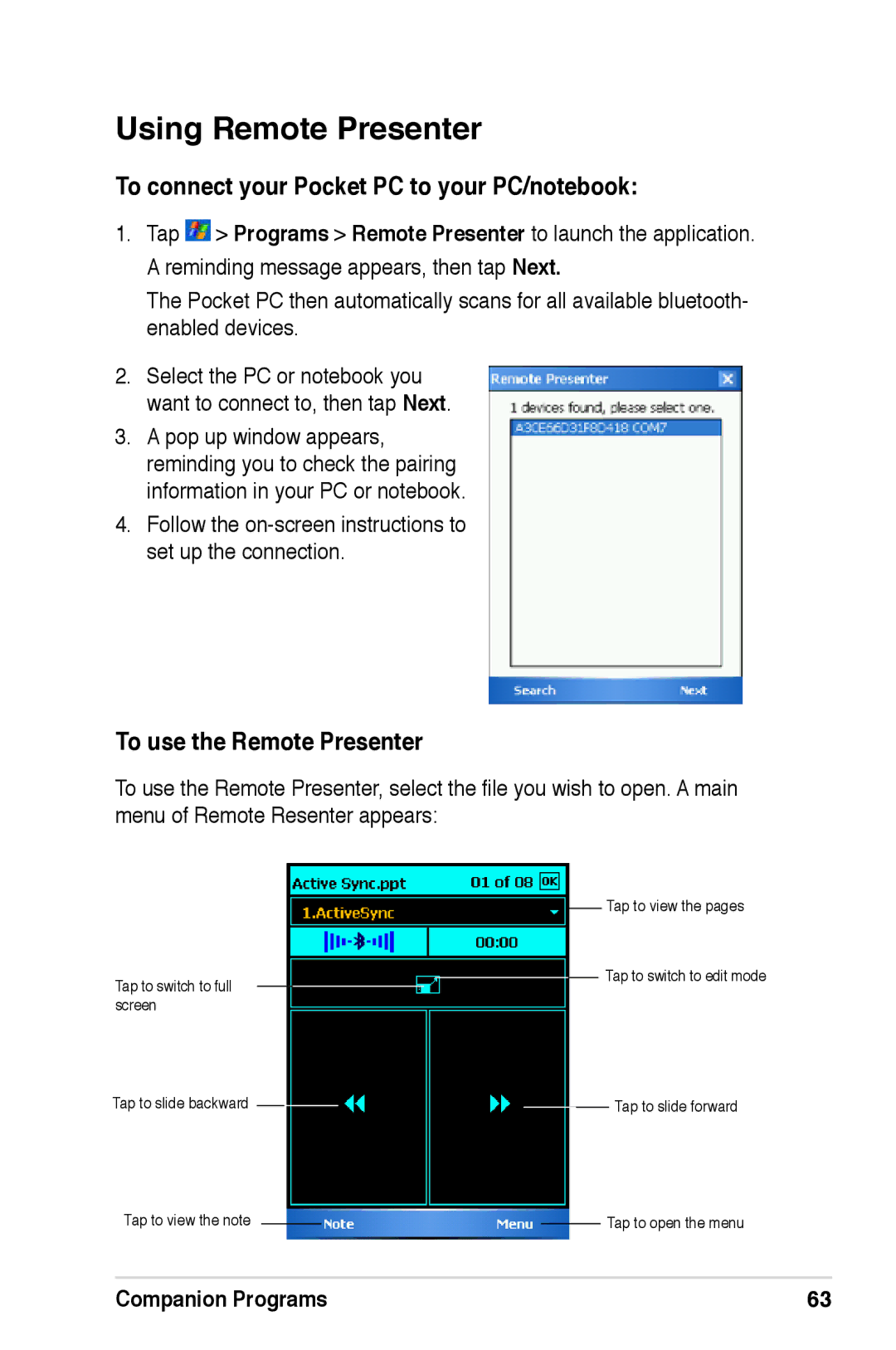 Asus A696, A626, A686 Using Remote Presenter, To connect your Pocket PC to your PC/notebook, To use the Remote Presenter 