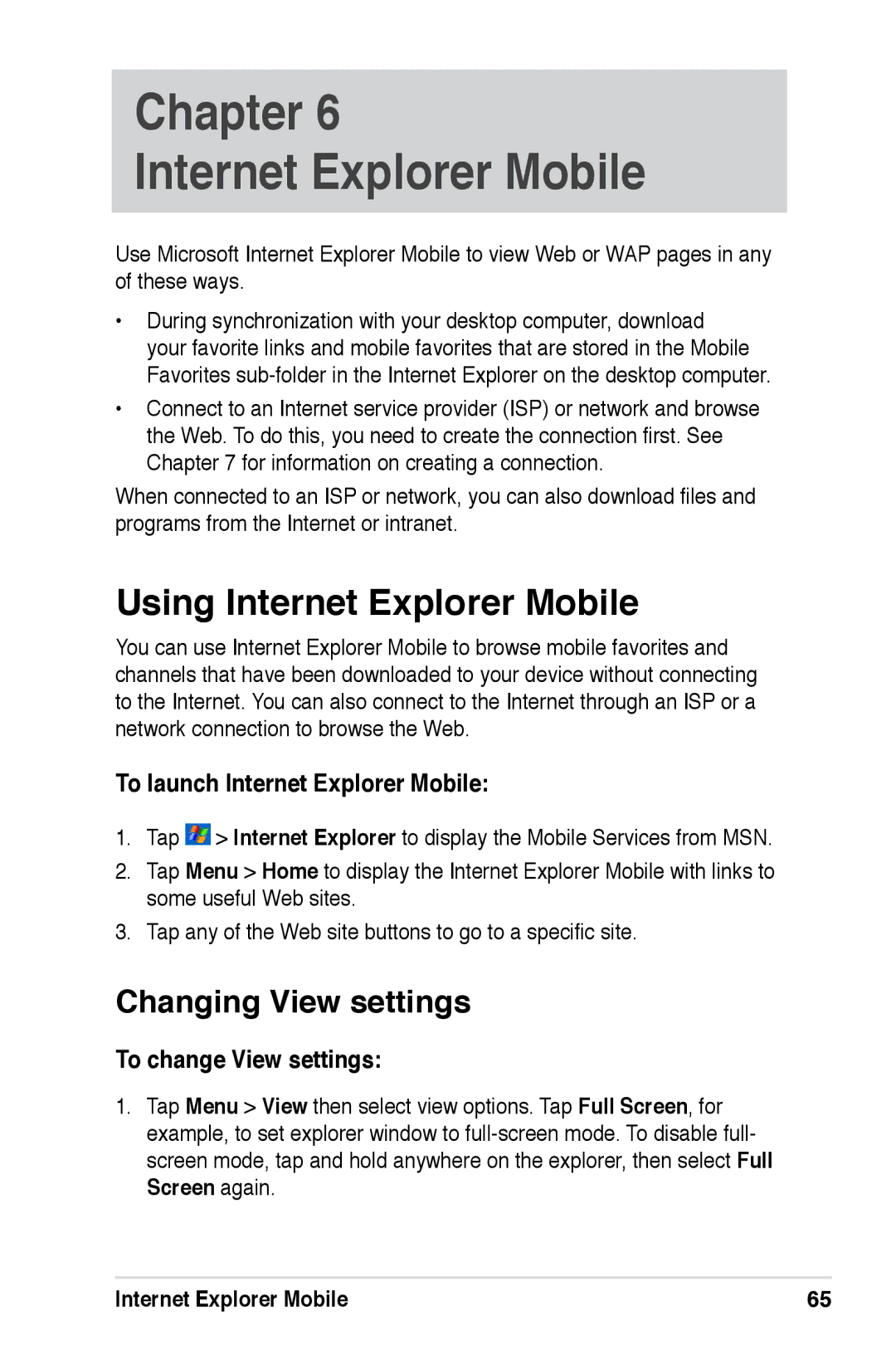 Asus A686, A696, A626 user manual Using Internet Explorer Mobile, Changing View settings, To launch Internet Explorer Mobile 