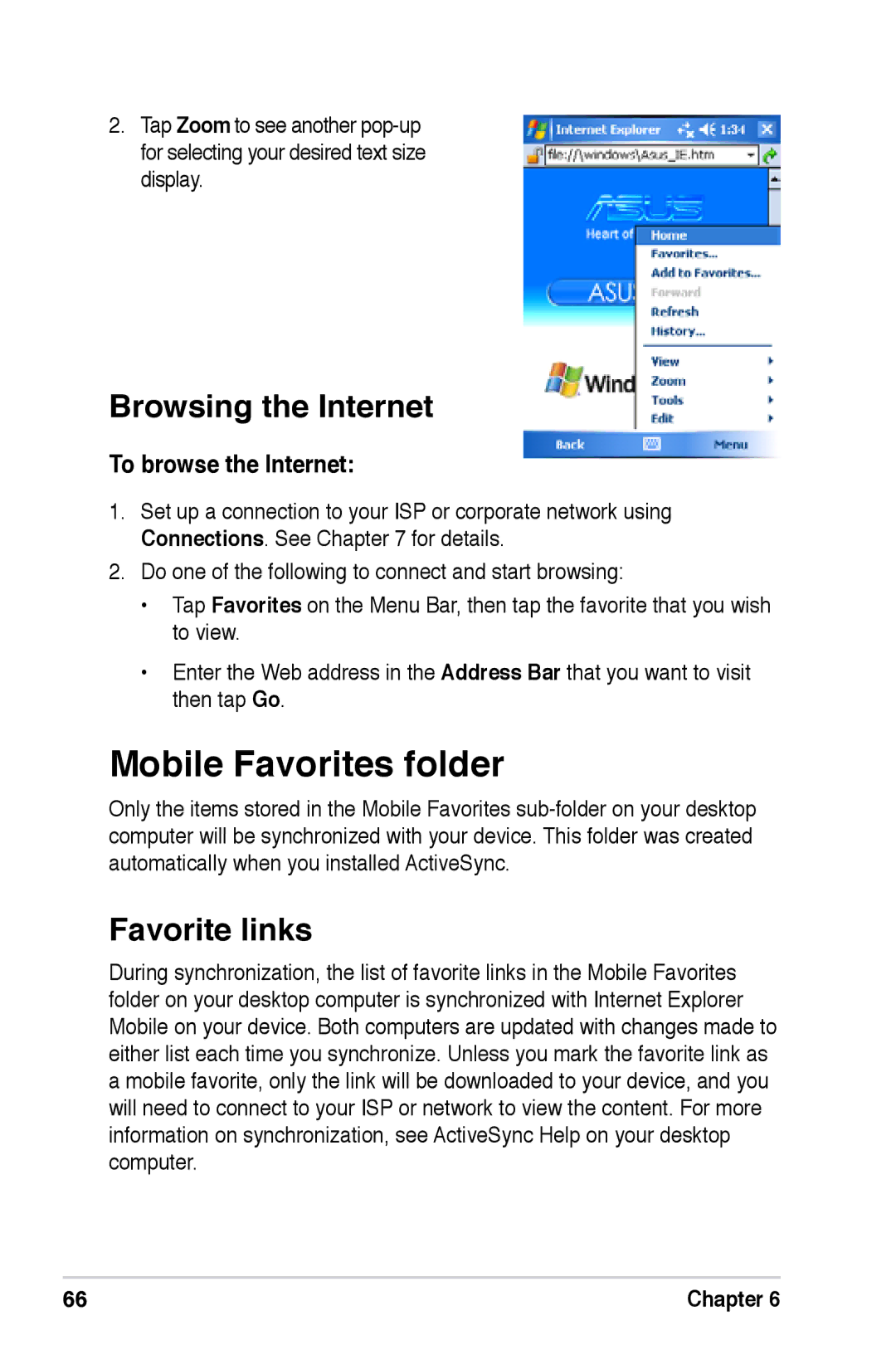 Asus A696, A626, A686 user manual Mobile Favorites folder, Browsing the Internet, Favorite links, To browse the Internet 