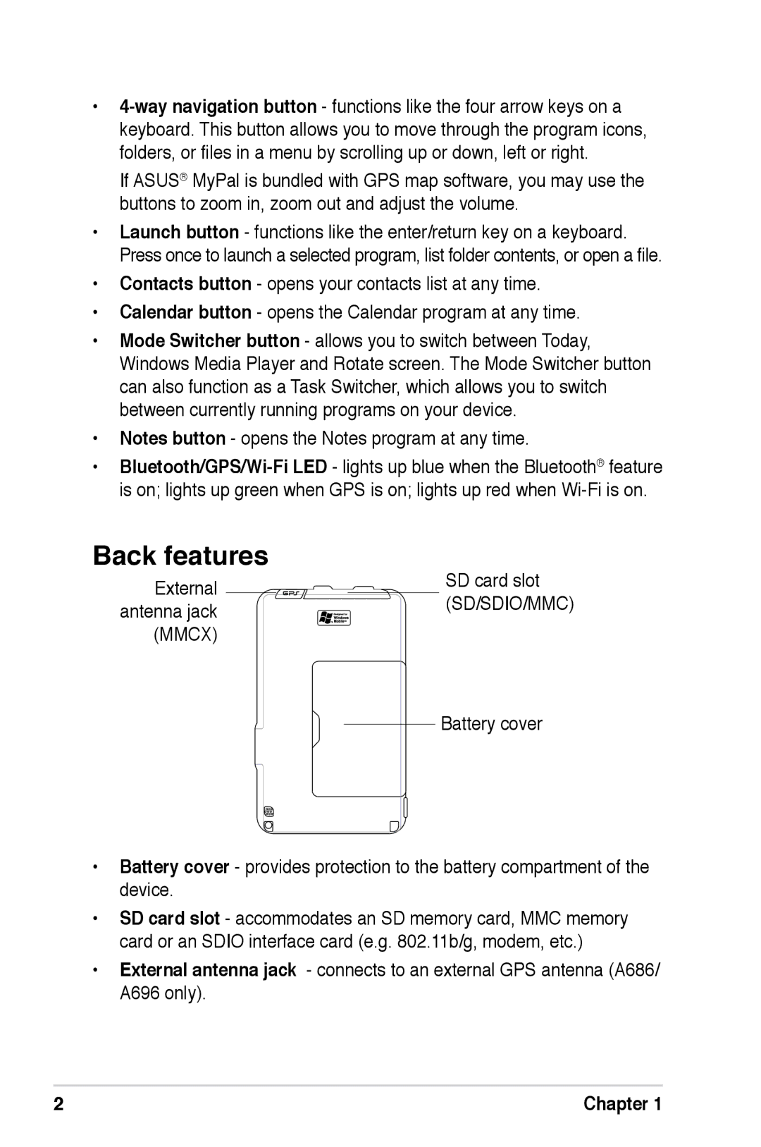 Asus A686, A696, A626 user manual SD card slot, External, Antenna jack, Battery cover, Chapter 