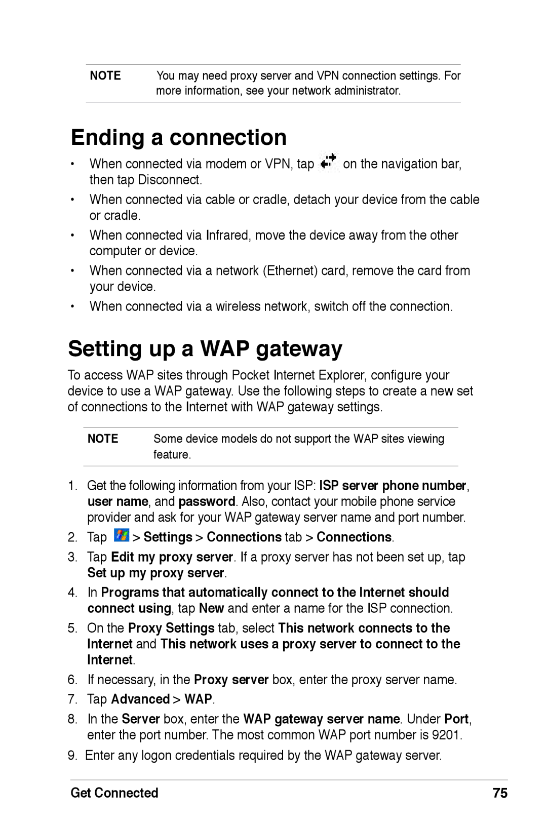 Asus A696, A626, A686 Ending a connection, Setting up a WAP gateway, When connected via modem or VPN, tap, Tap Advanced WAP 