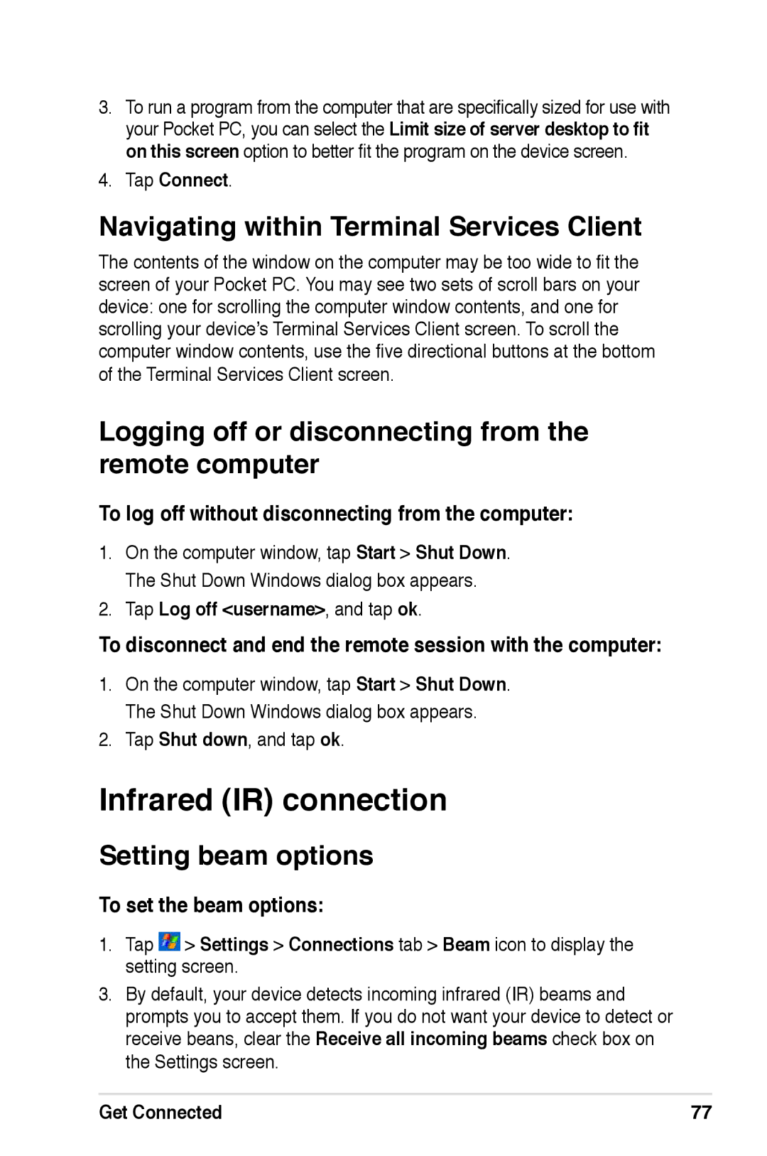 Asus A686, A696, A626 user manual Infrared IR connection, Navigating within Terminal Services Client, Setting beam options 