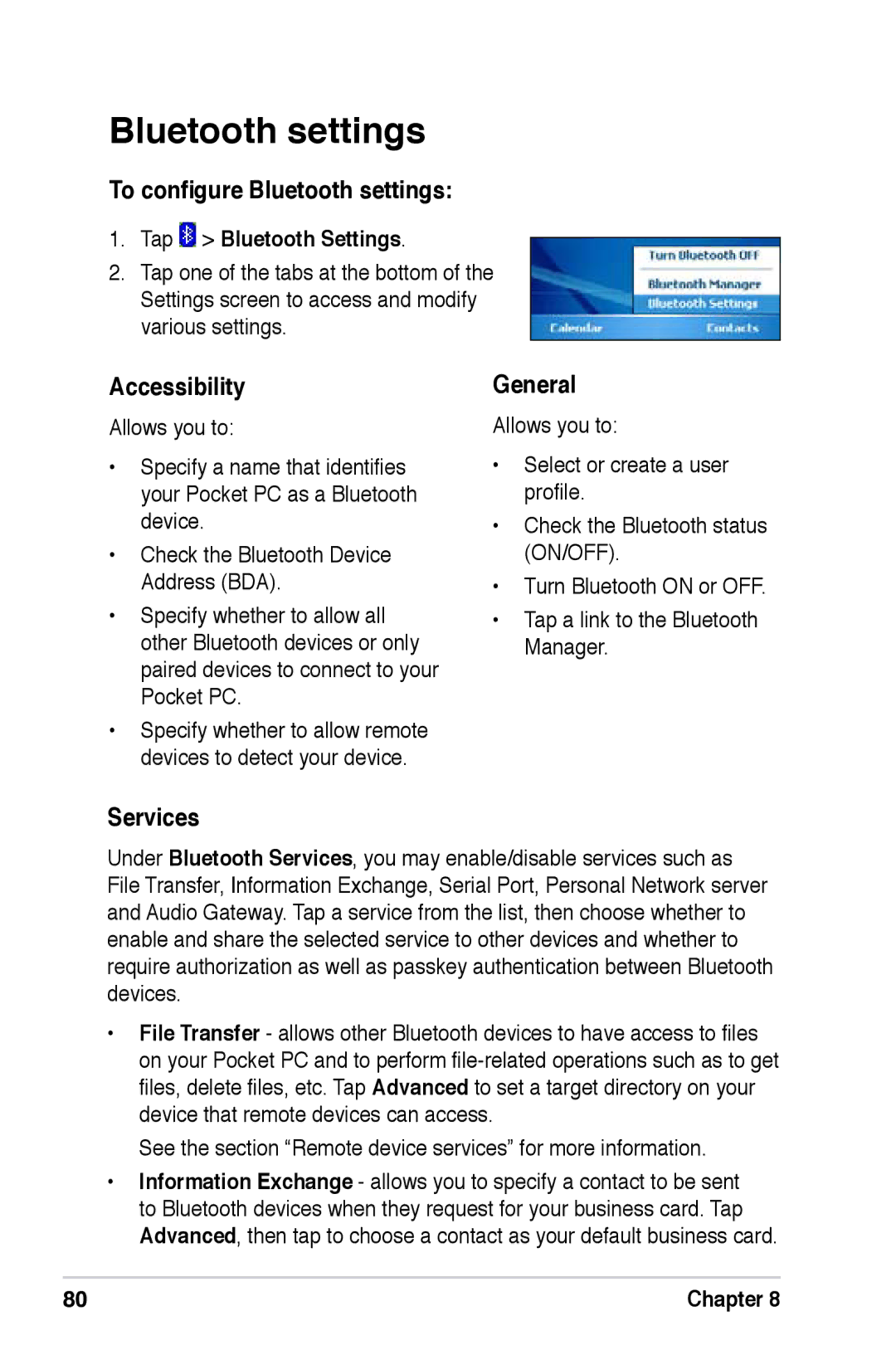 Asus A686, A696, A626 user manual To configure Bluetooth settings, Accessibility, General, Services 