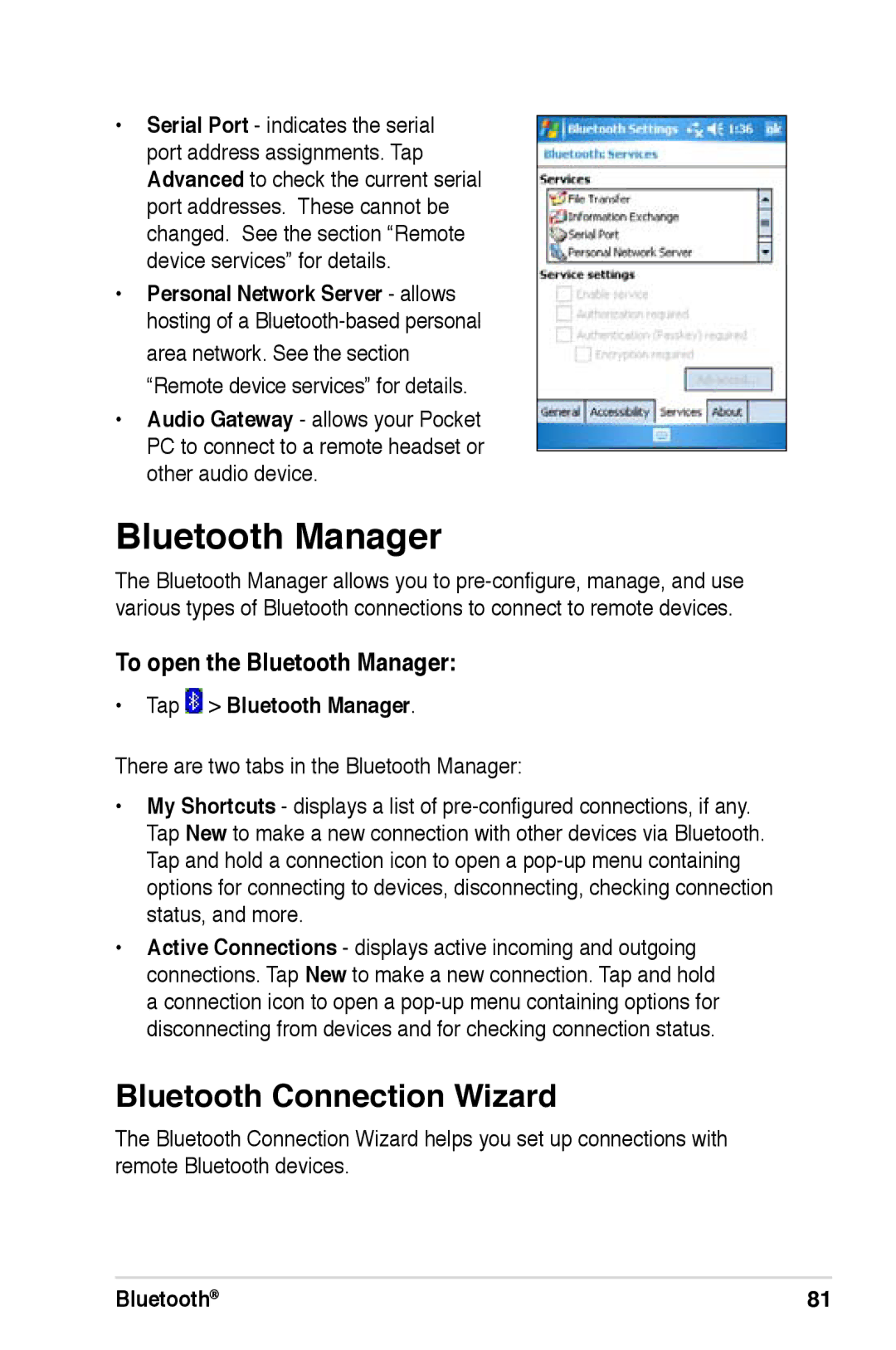 Asus A696, A626, A686 user manual Bluetooth Connection Wizard, To open the Bluetooth Manager, Tap Bluetooth Manager 