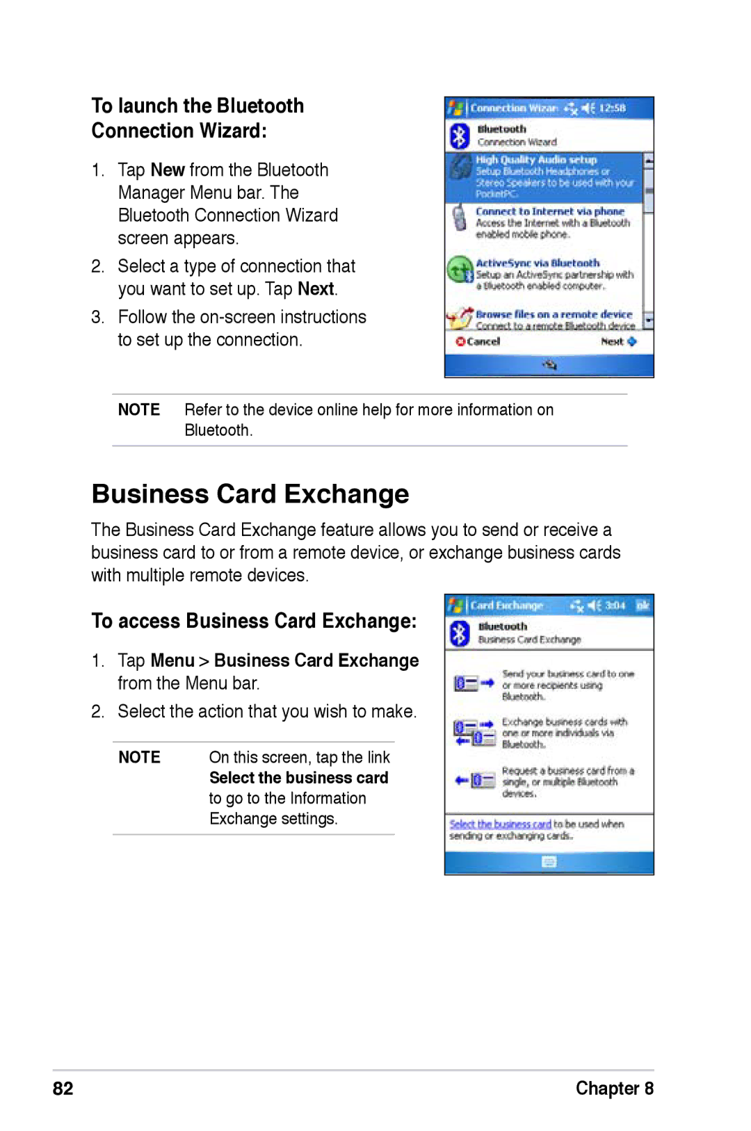 Asus A626, A696, A686 user manual To launch the Bluetooth Connection Wizard, To access Business Card Exchange 