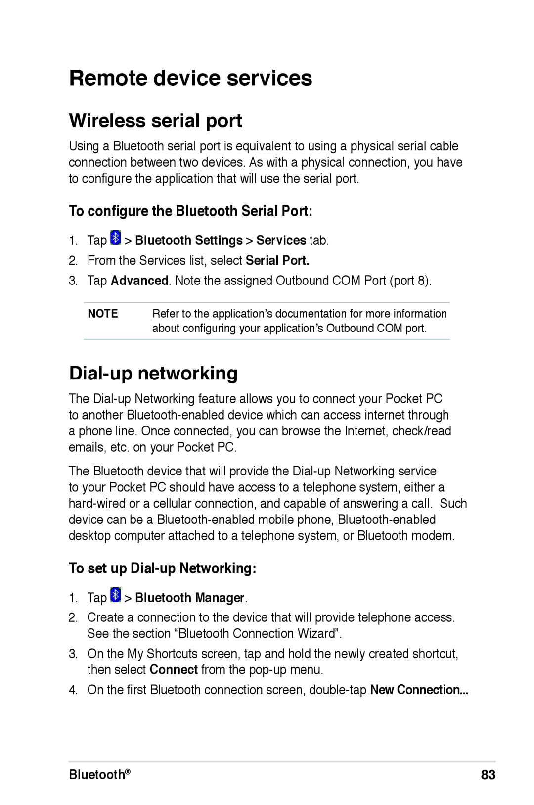Asus A686, A696 Remote device services, Wireless serial port, Dial-up networking, To configure the Bluetooth Serial Port 