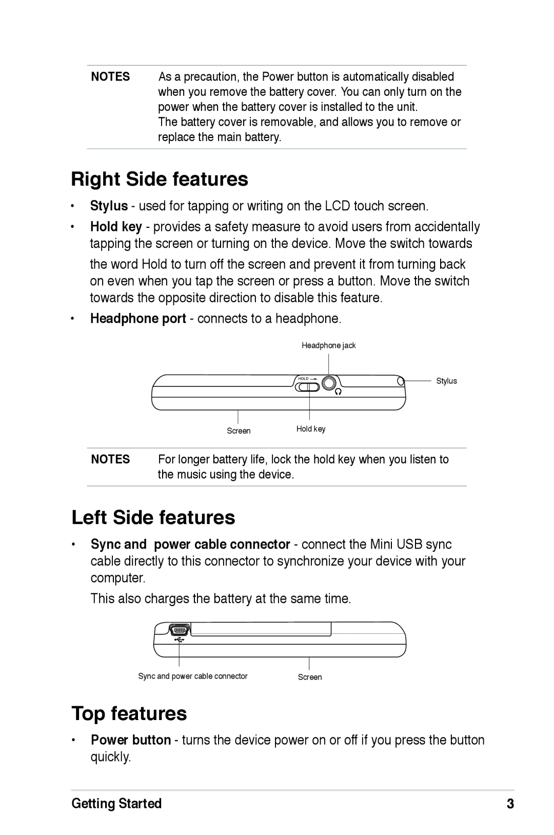 Asus A696, A626, A686 user manual Right Side features, Left Side features, Top features 