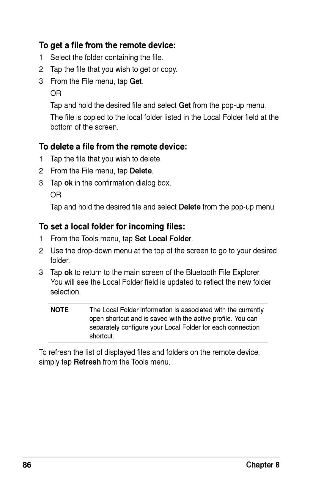 Asus A686, A696, A626 user manual To get a file from the remote device, To delete a file from the remote device 