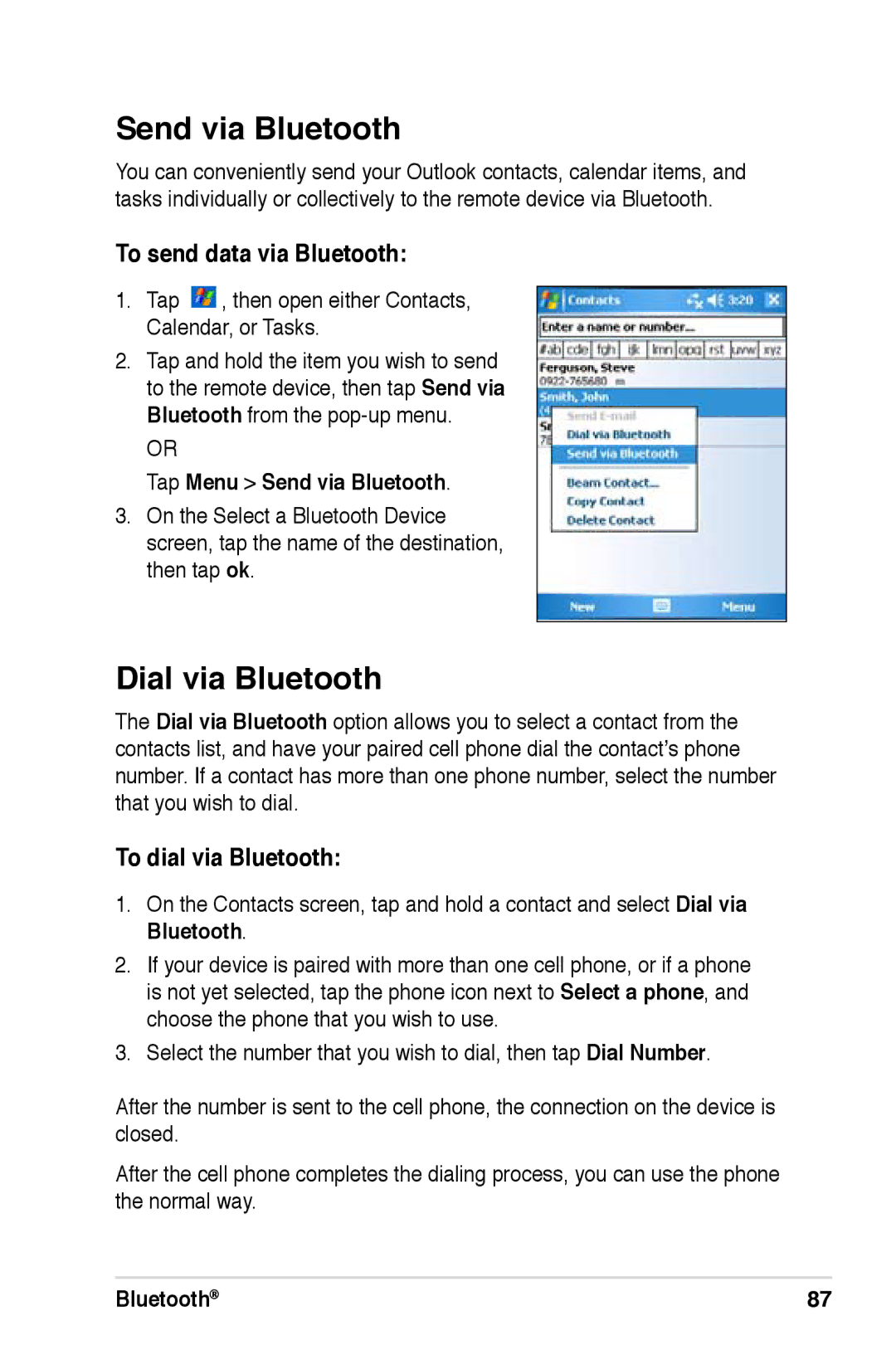 Asus A696, A626, A686 user manual Send via Bluetooth, Dial via Bluetooth, To send data via Bluetooth, To dial via Bluetooth 