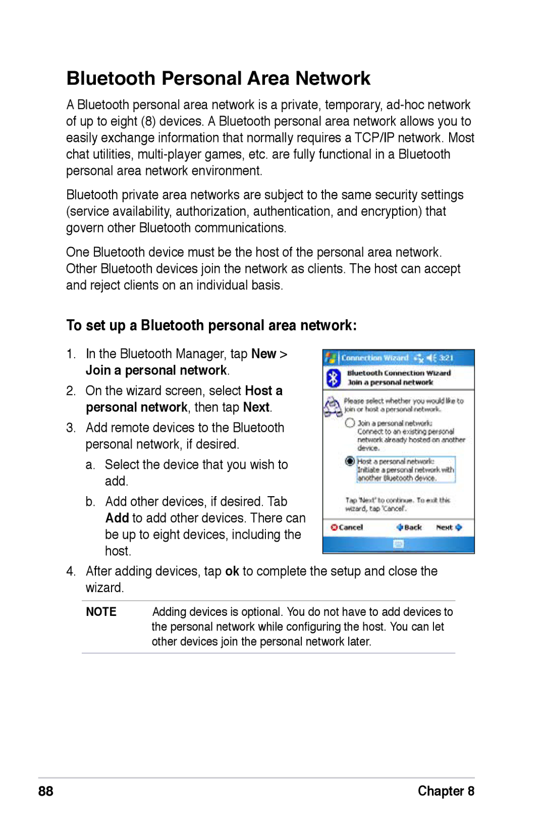 Asus A626, A696, A686 user manual Bluetooth Personal Area Network, To set up a Bluetooth personal area network 