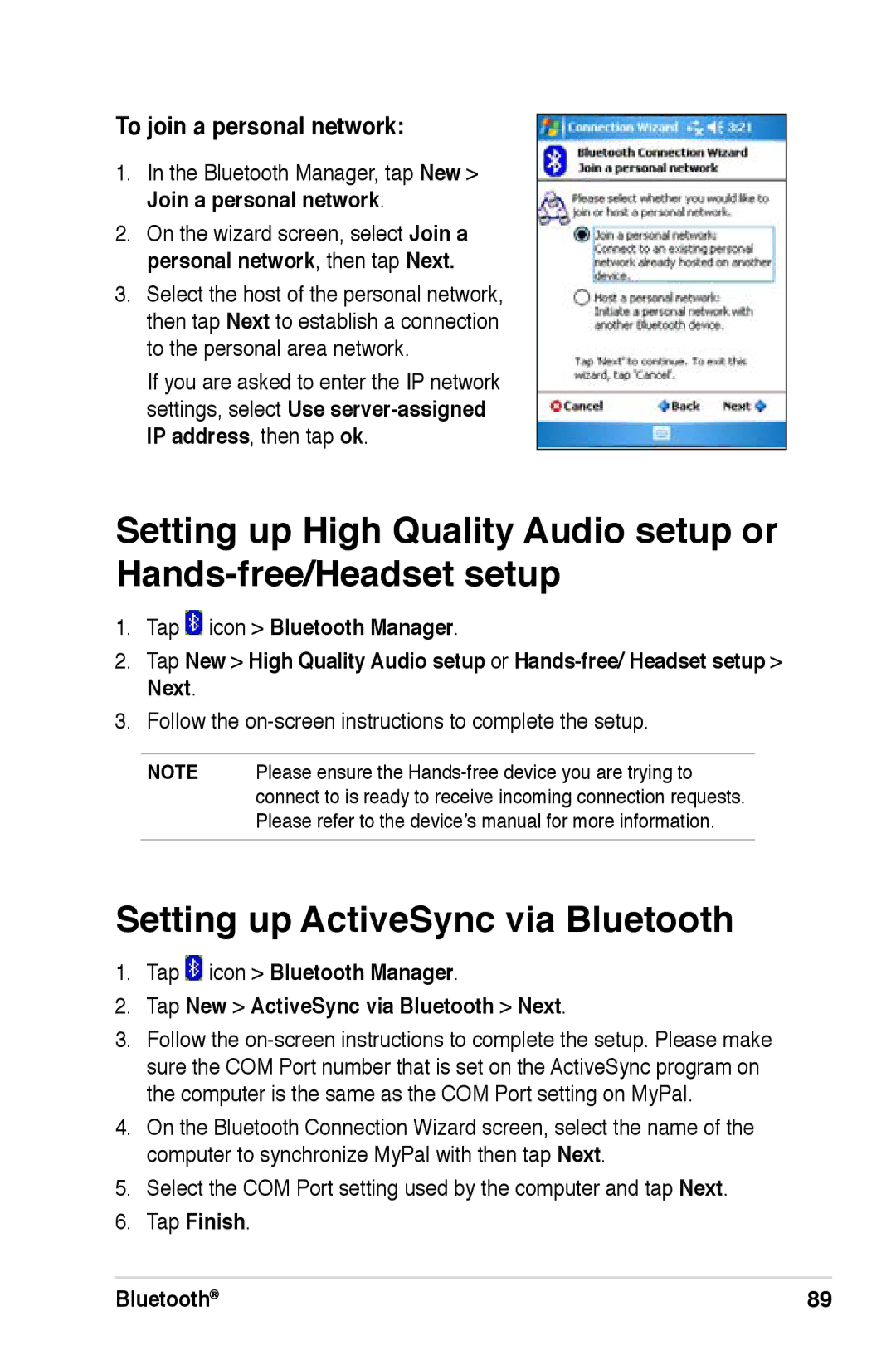 Asus A686, A696, A626 user manual Setting up ActiveSync via Bluetooth, To join a personal network, Tap Finish Bluetooth 