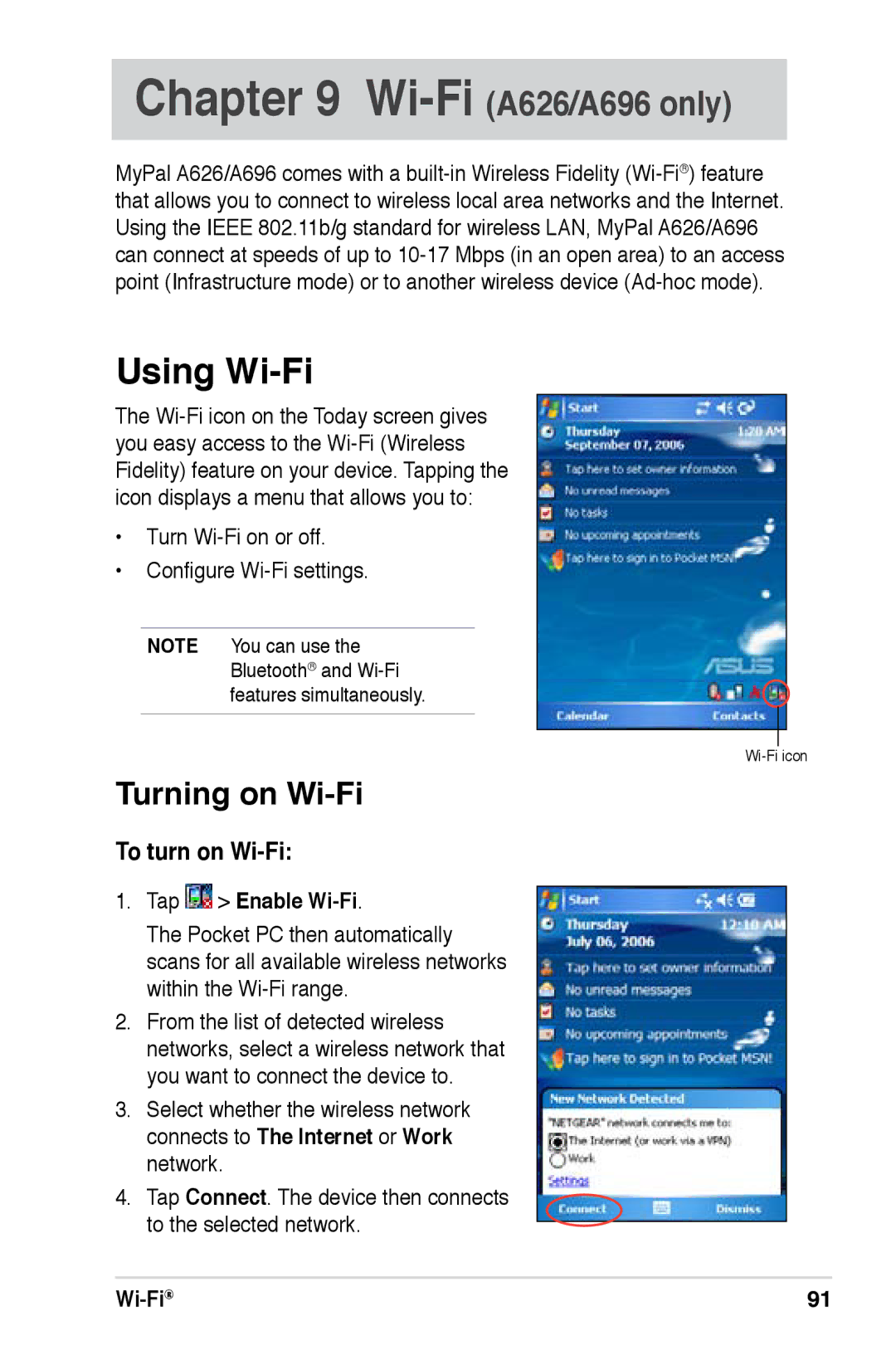 Asus A626, A696, A686 user manual Using Wi-Fi, Turning on Wi-Fi, To turn on Wi-Fi, Tap Enable Wi-Fi 