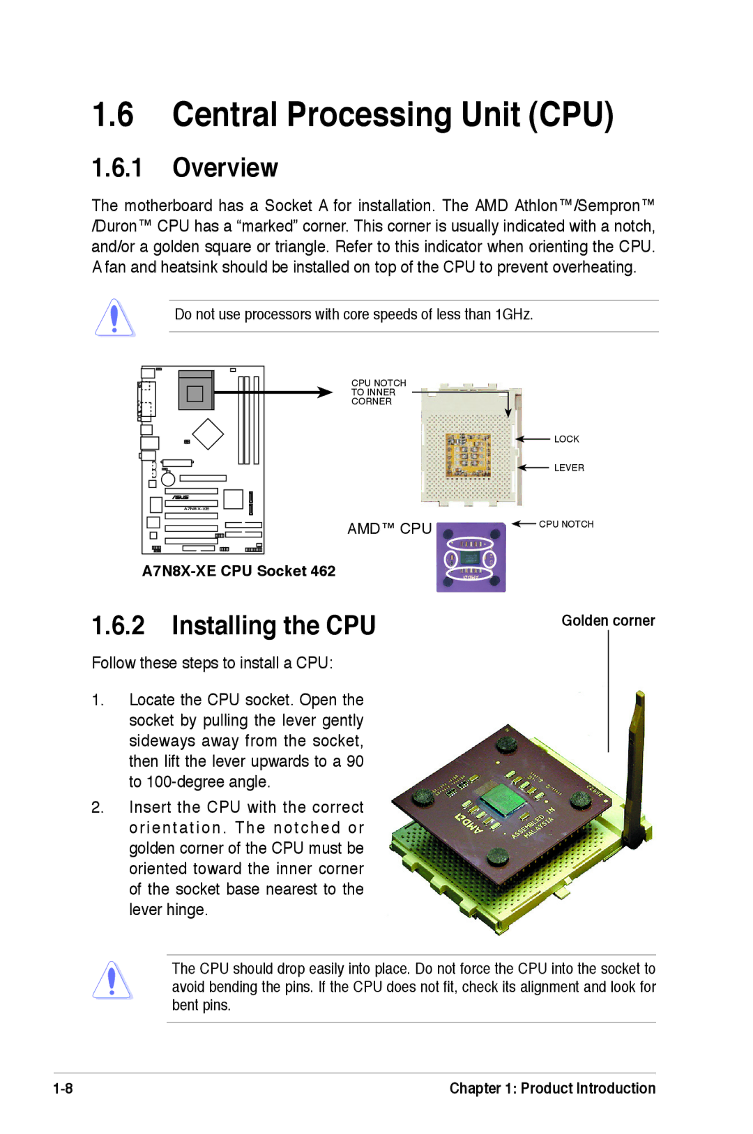 Asus A7N8X-XE manual Central Processing Unit CPU, Overview, Installing the CPU 