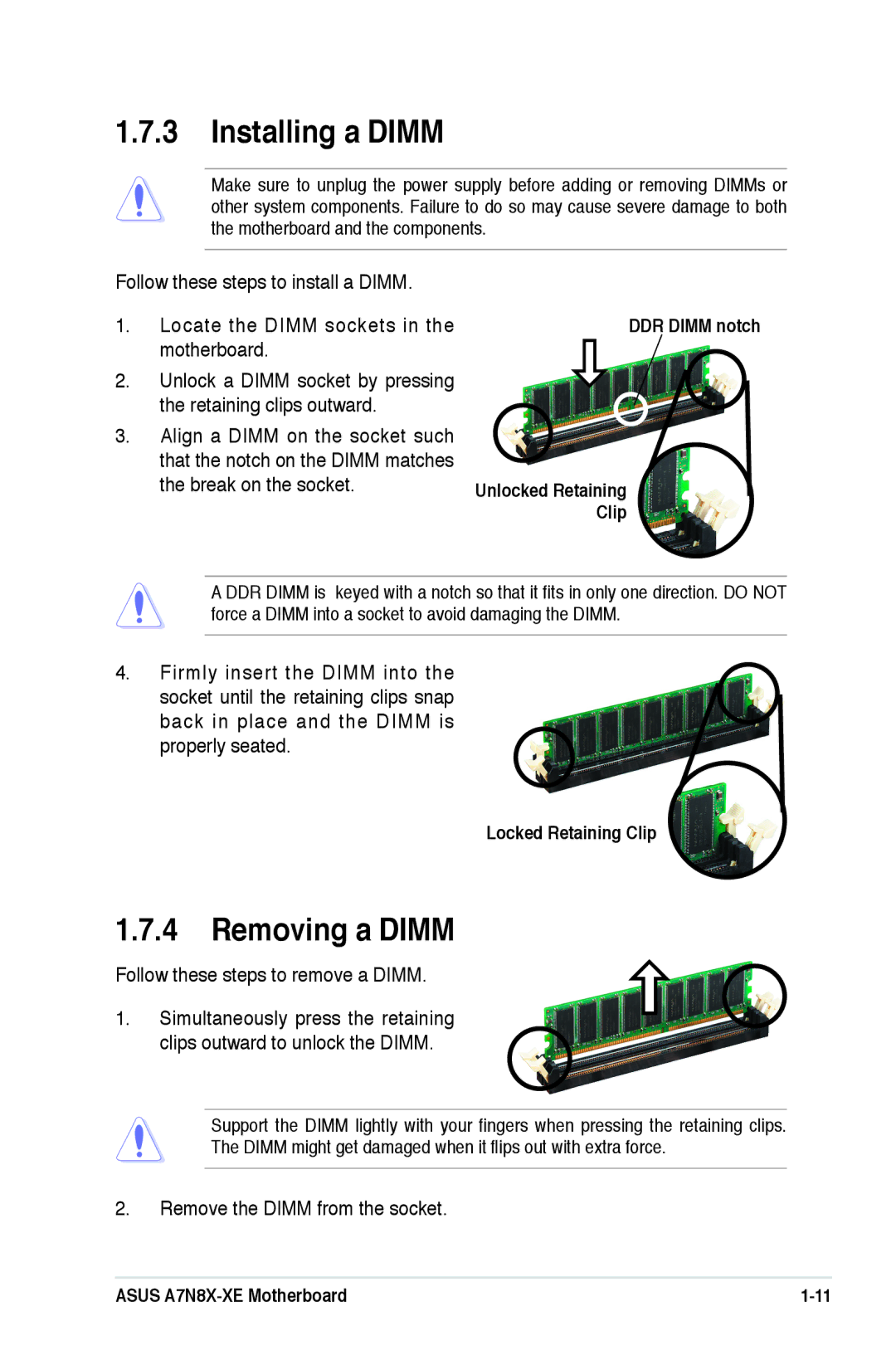 Asus A7N8X-XE manual Installing a Dimm, Removing a Dimm 