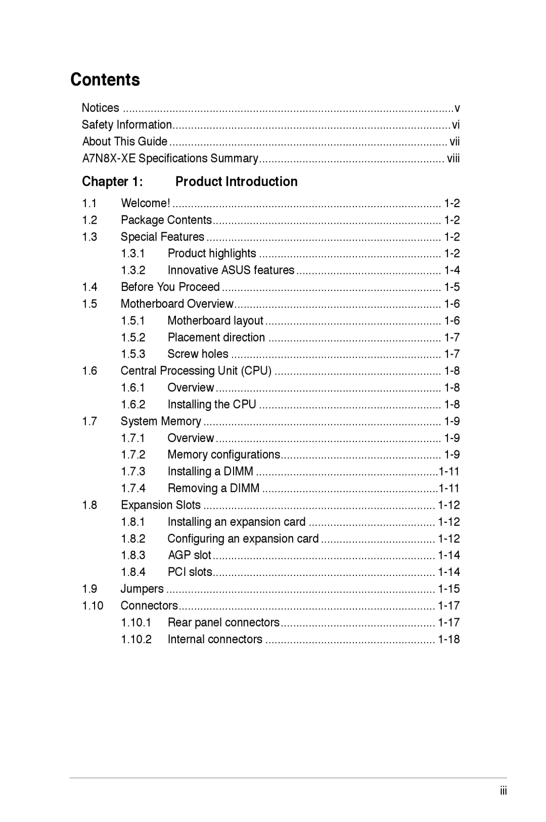 Asus A7N8X-XE manual Contents 