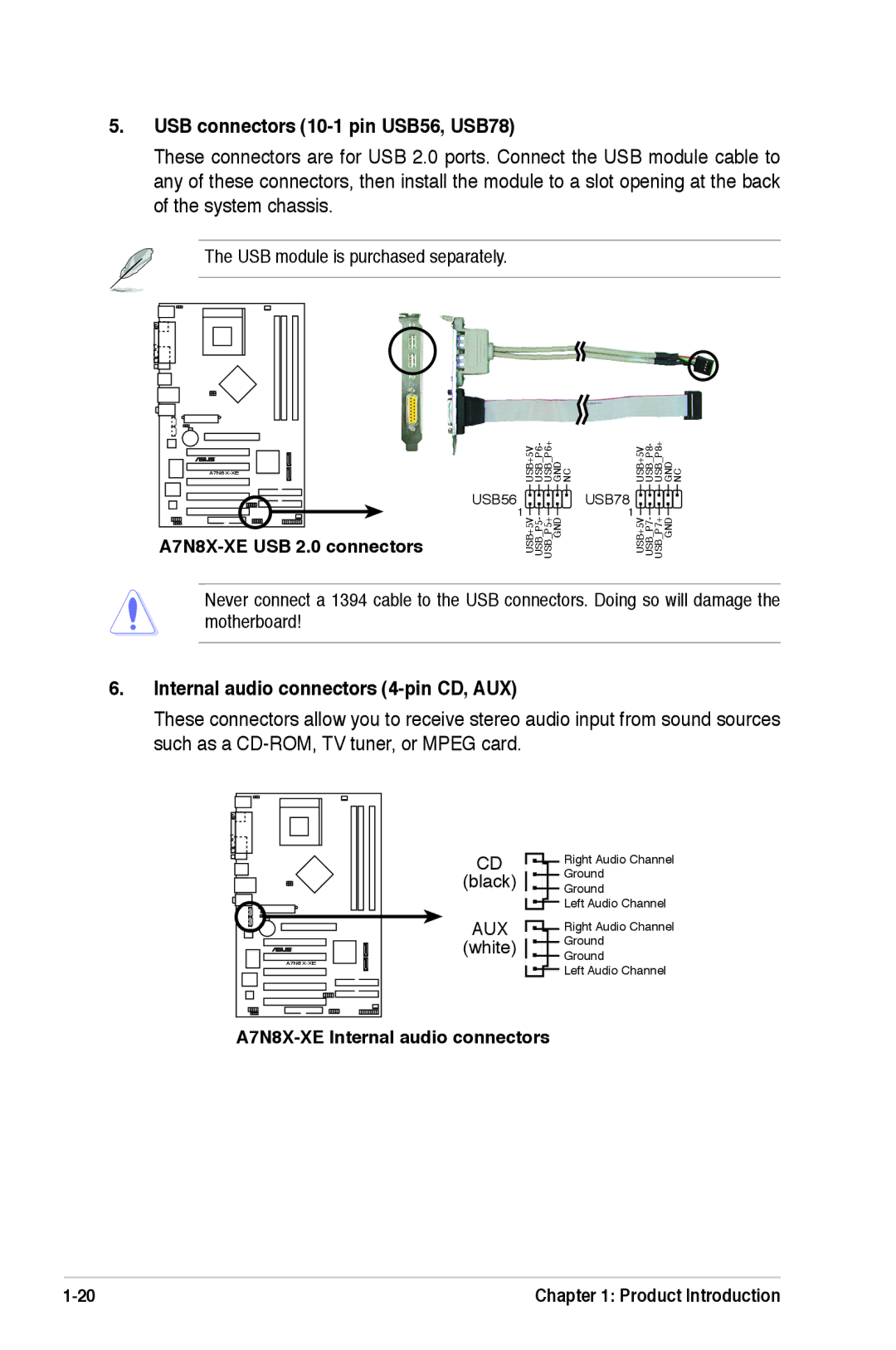 Asus A7N8X-XE manual USB connectors 10-1 pin USB56, USB78, Internal audio connectors 4-pin CD, AUX 