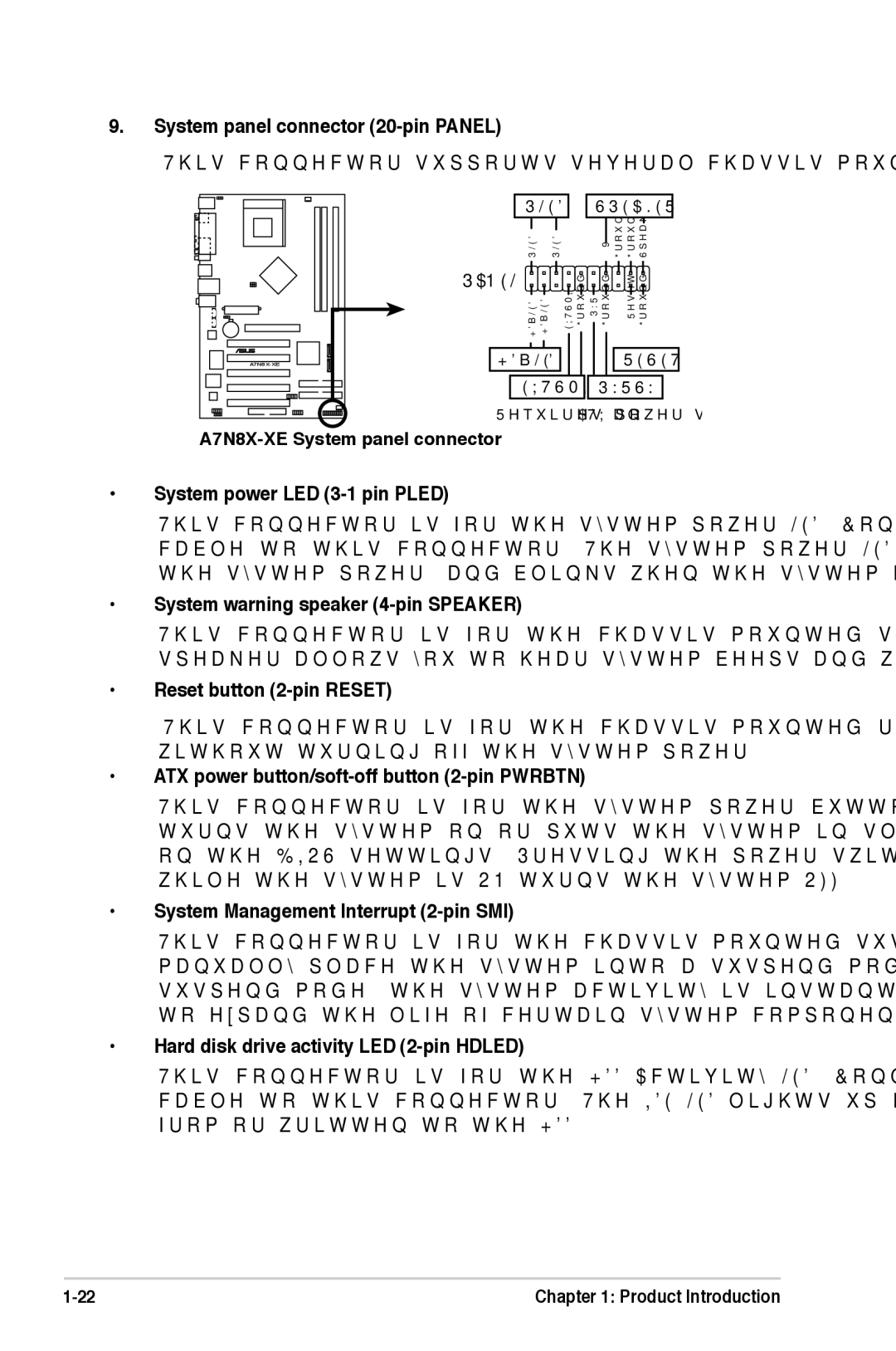 Asus A7N8X-XE System panel connector 20-pin Panel, System power LED 3-1 pin Pled, System warning speaker 4-pin Speaker 