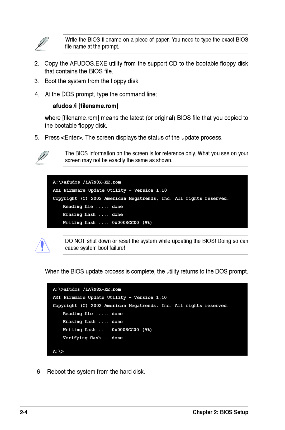 Asus A7N8X-XE manual Afudos /i ﬁlename.rom 