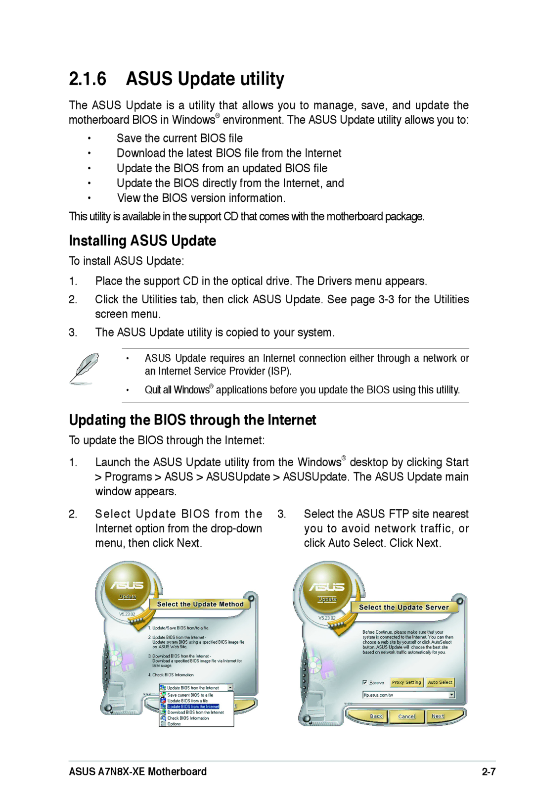 Asus A7N8X-XE manual Asus Update utility, Installing Asus Update, Updating the Bios through the Internet 