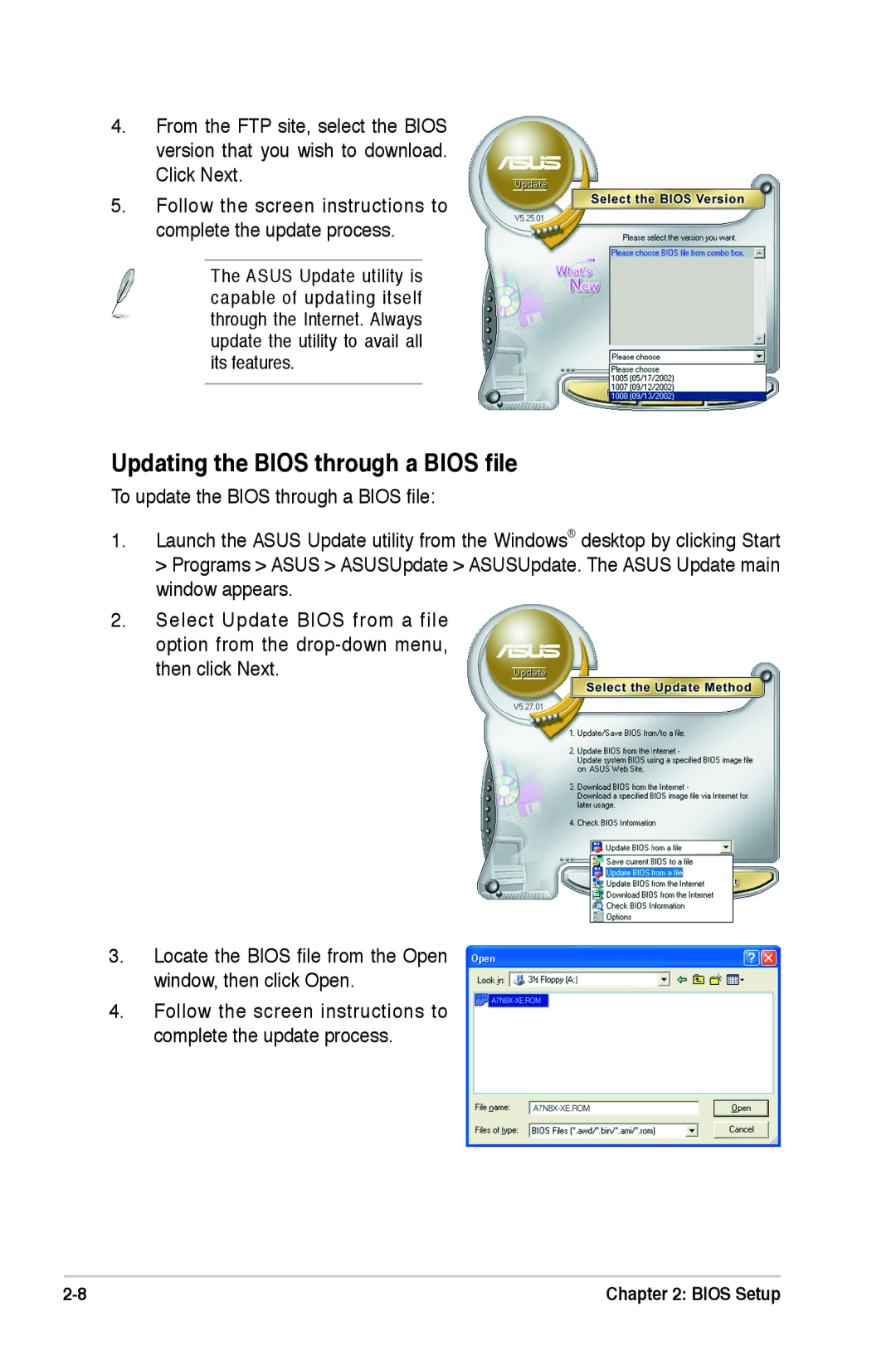 Asus A7N8X-XE manual Updating the Bios through a Bios ﬁle 