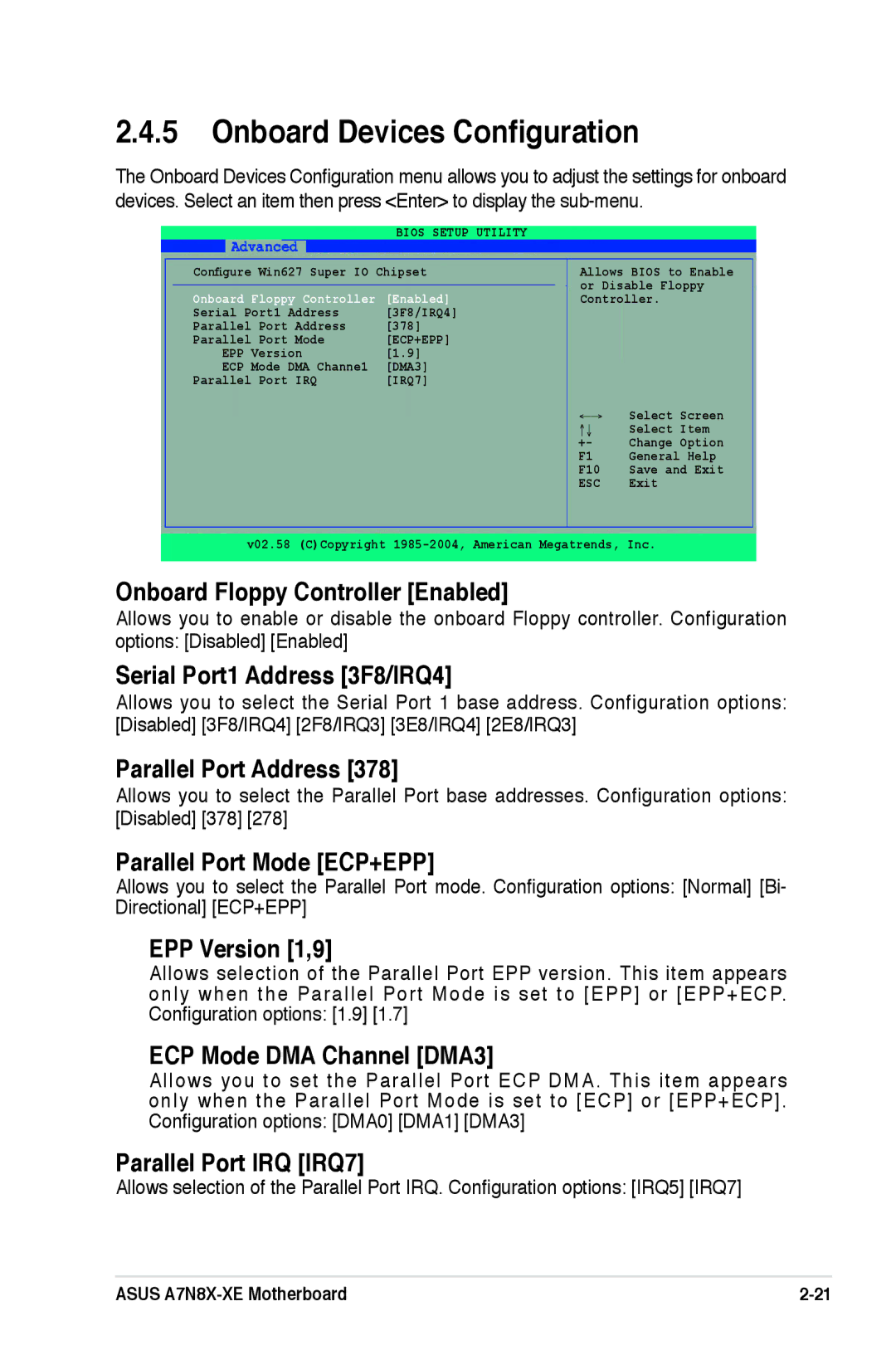 Asus A7N8X-XE manual Onboard Devices Conﬁguration 