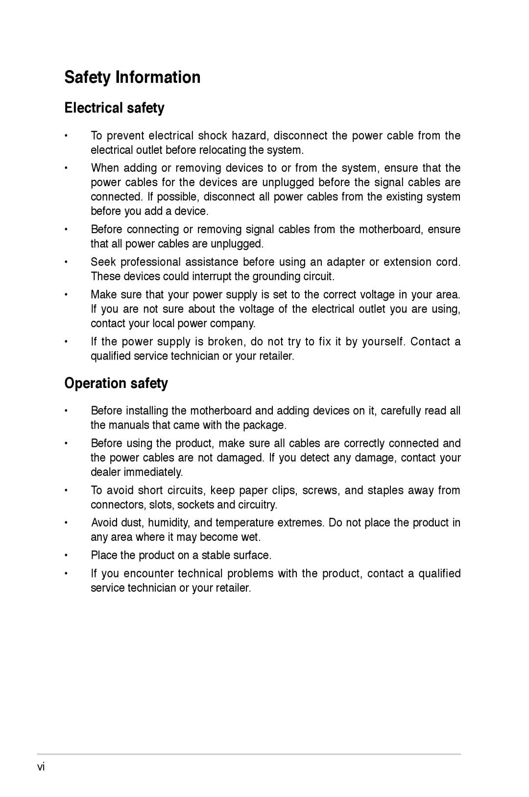 Asus A7N8X-XE manual Electrical safety, Operation safety 