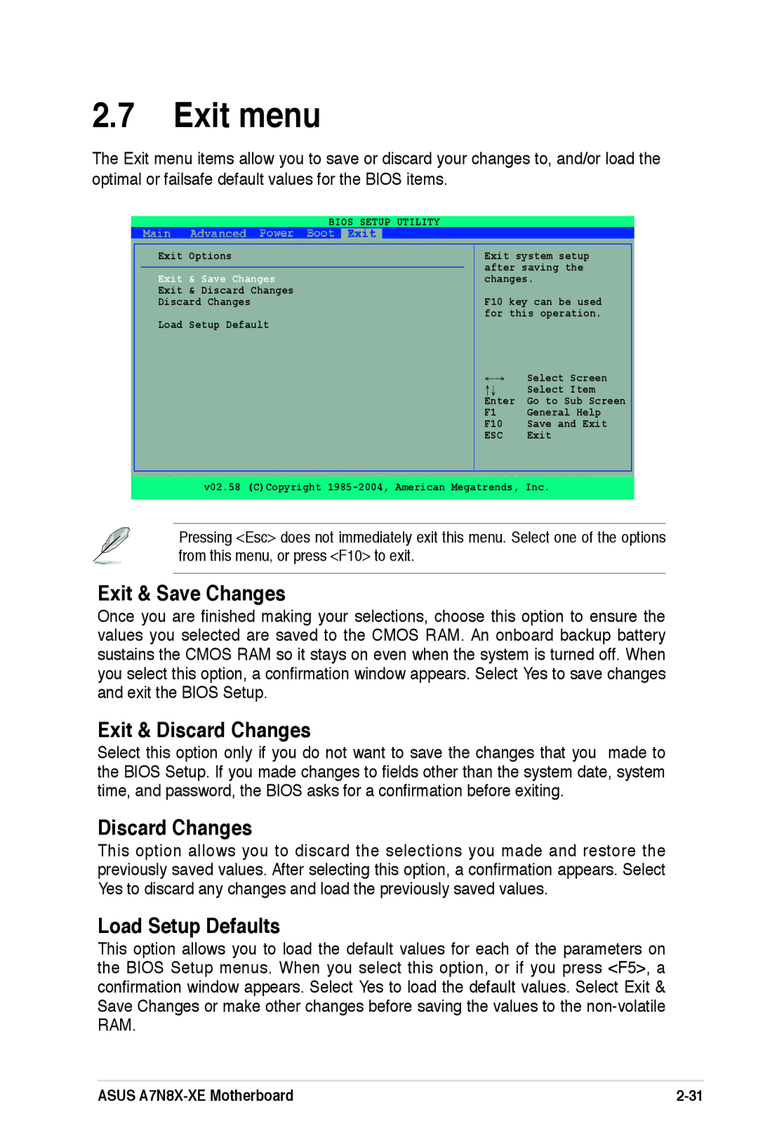 Asus A7N8X-XE manual Exit menu, Exit & Save Changes, Exit & Discard Changes, Load Setup Defaults 