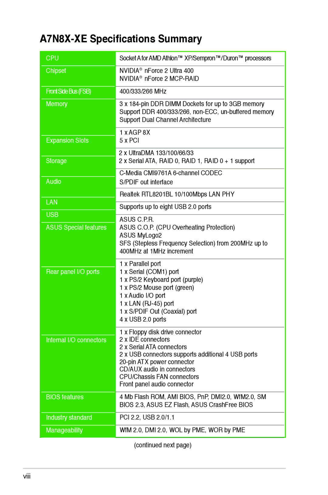 Asus manual A7N8X-XE Speciﬁcations Summary 