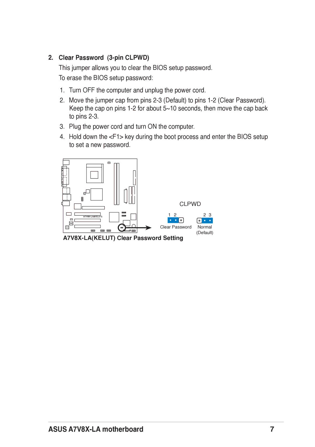 Asus ASUS Motherboard, A7V8X-LA manual Clear Password 3-pin Clpwd 