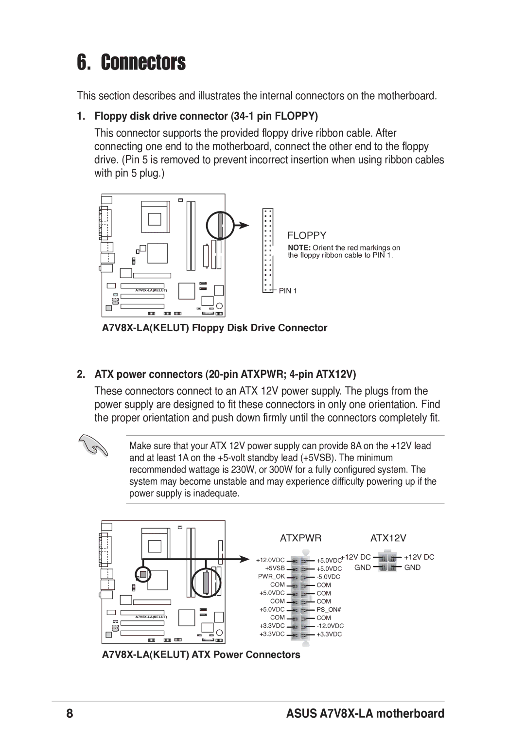 Asus A7V8X-LA Connectors, Floppy disk drive connector 34-1 pin Floppy, ATX power connectors 20-pin Atxpwr 4-pin ATX12V 